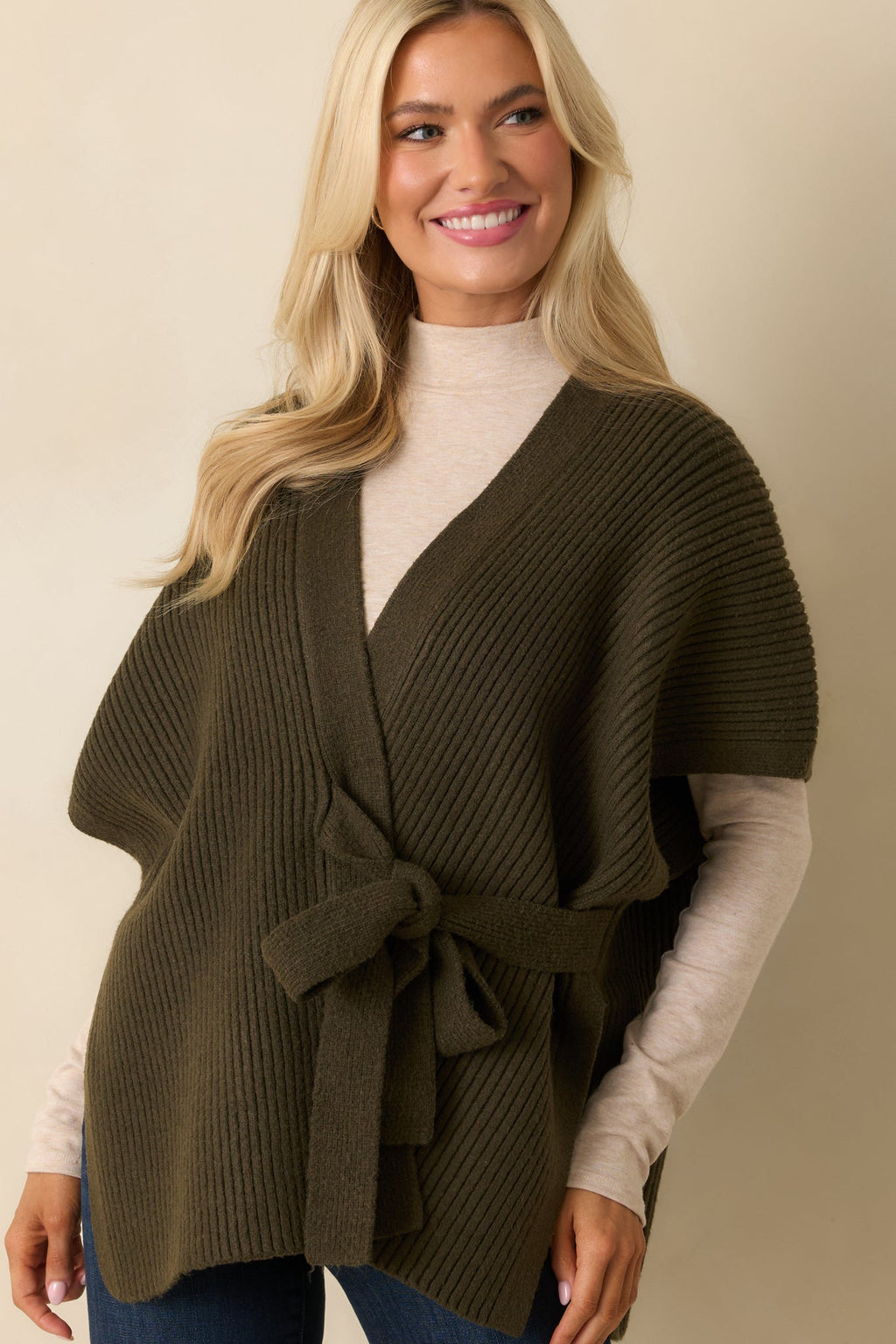 Endless Ease Olive Green Ribbed Knit Wrap Cardigan Sweater