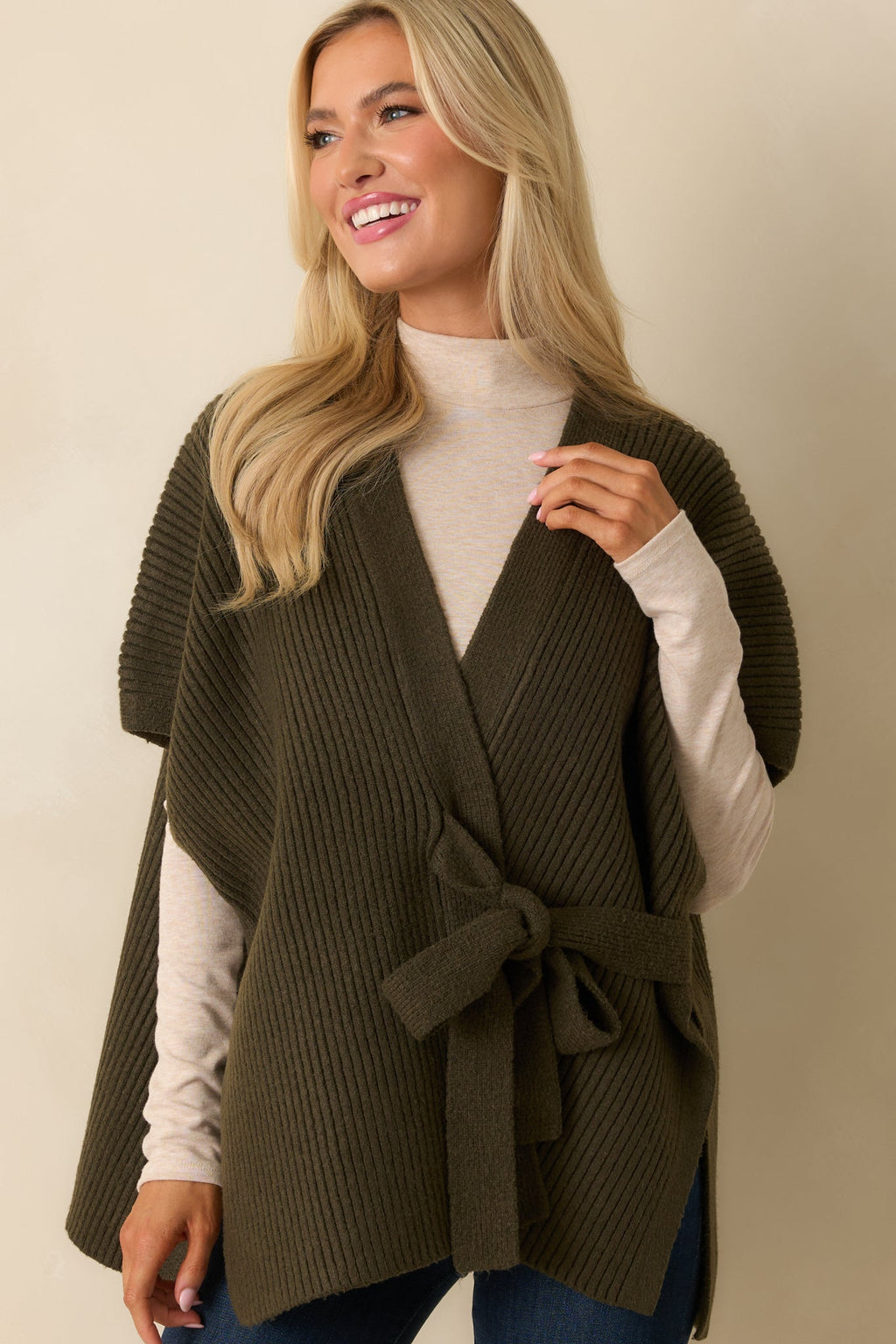 Endless Ease Olive Green Ribbed Knit Wrap Cardigan Sweater