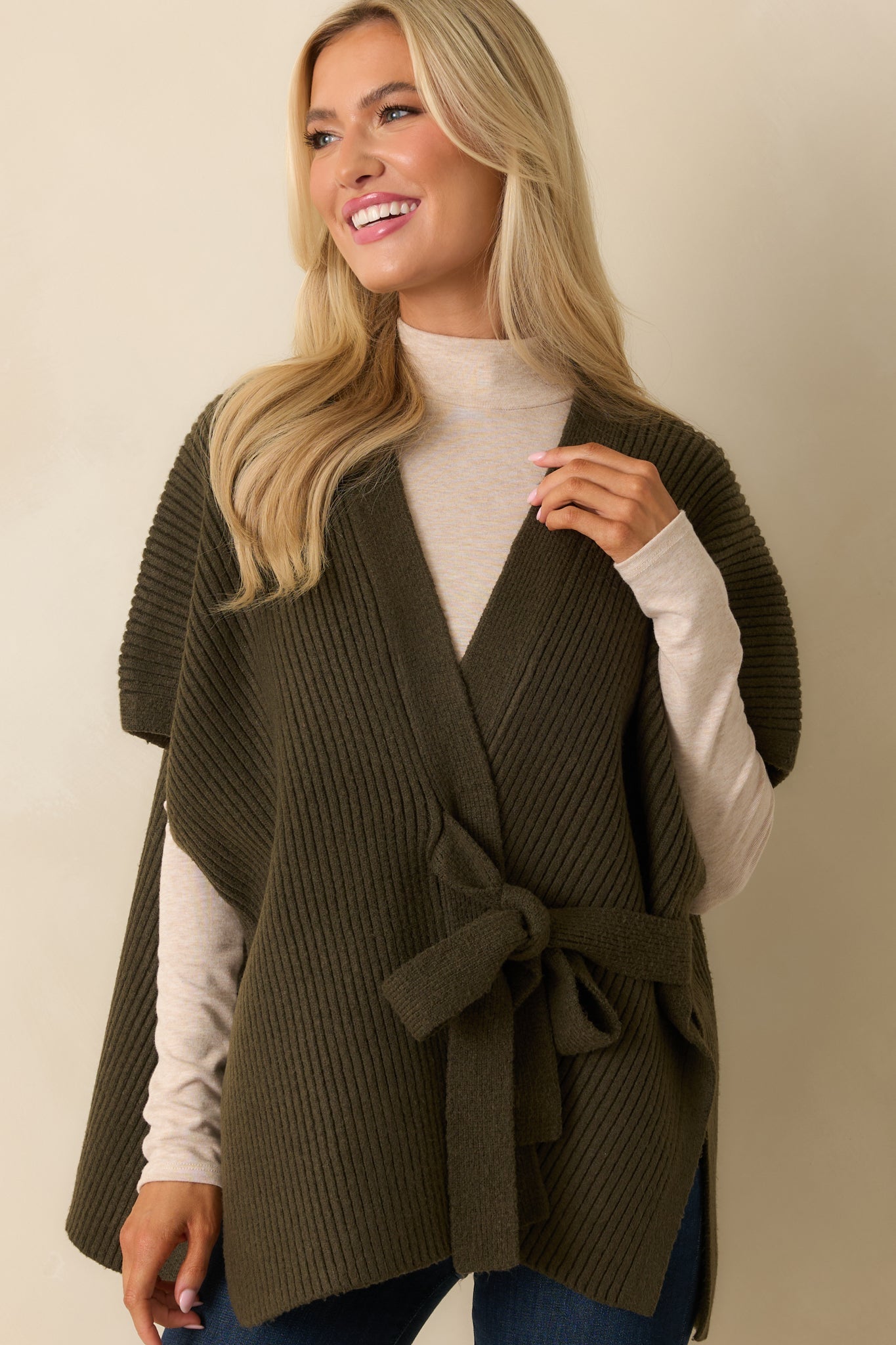 Endless Ease Olive Green Ribbed Knit Wrap Cardigan Sweater