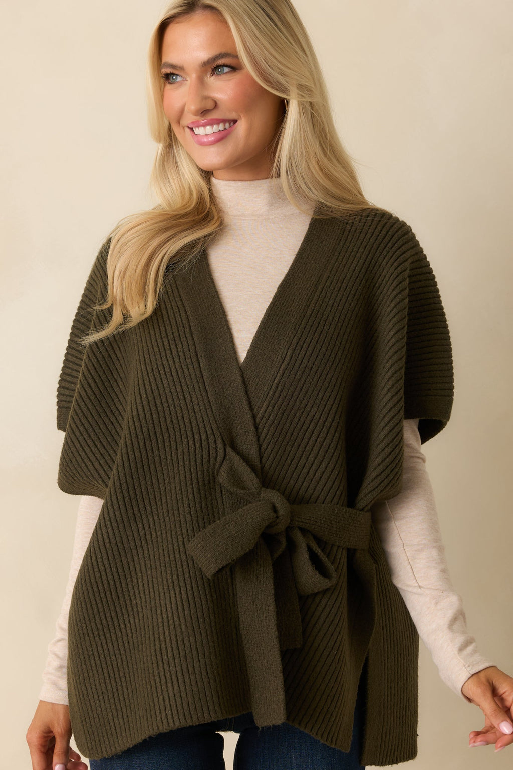 Endless Ease Olive Green Ribbed Knit Wrap Cardigan Sweater
