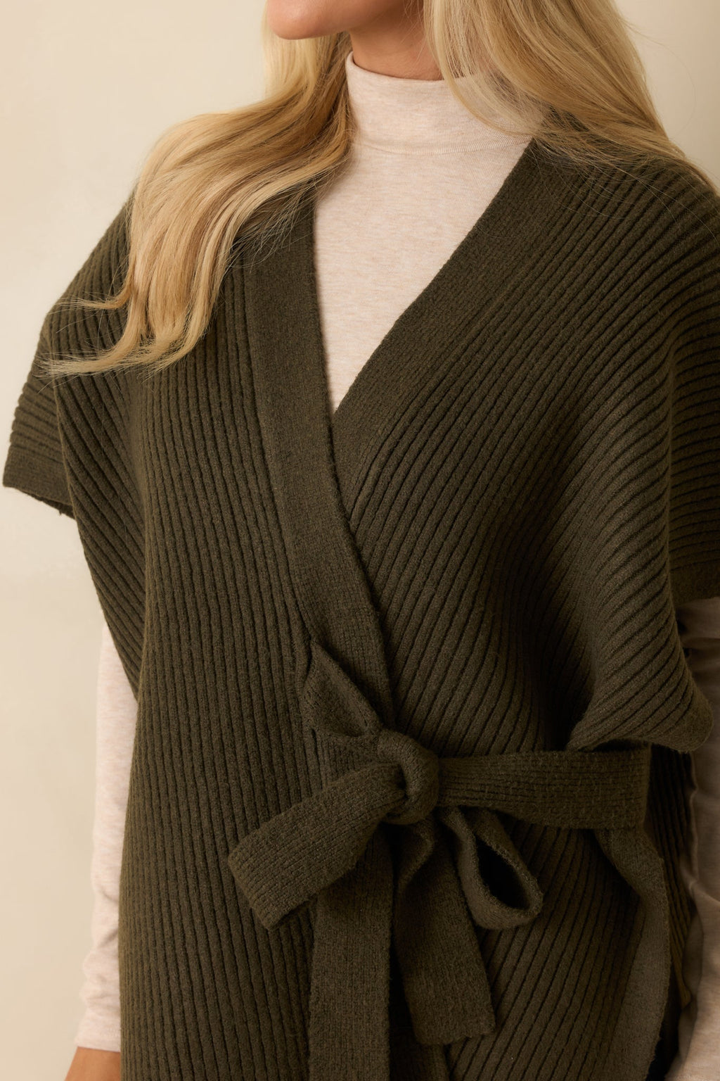 Endless Ease Olive Green Ribbed Knit Wrap Cardigan Sweater
