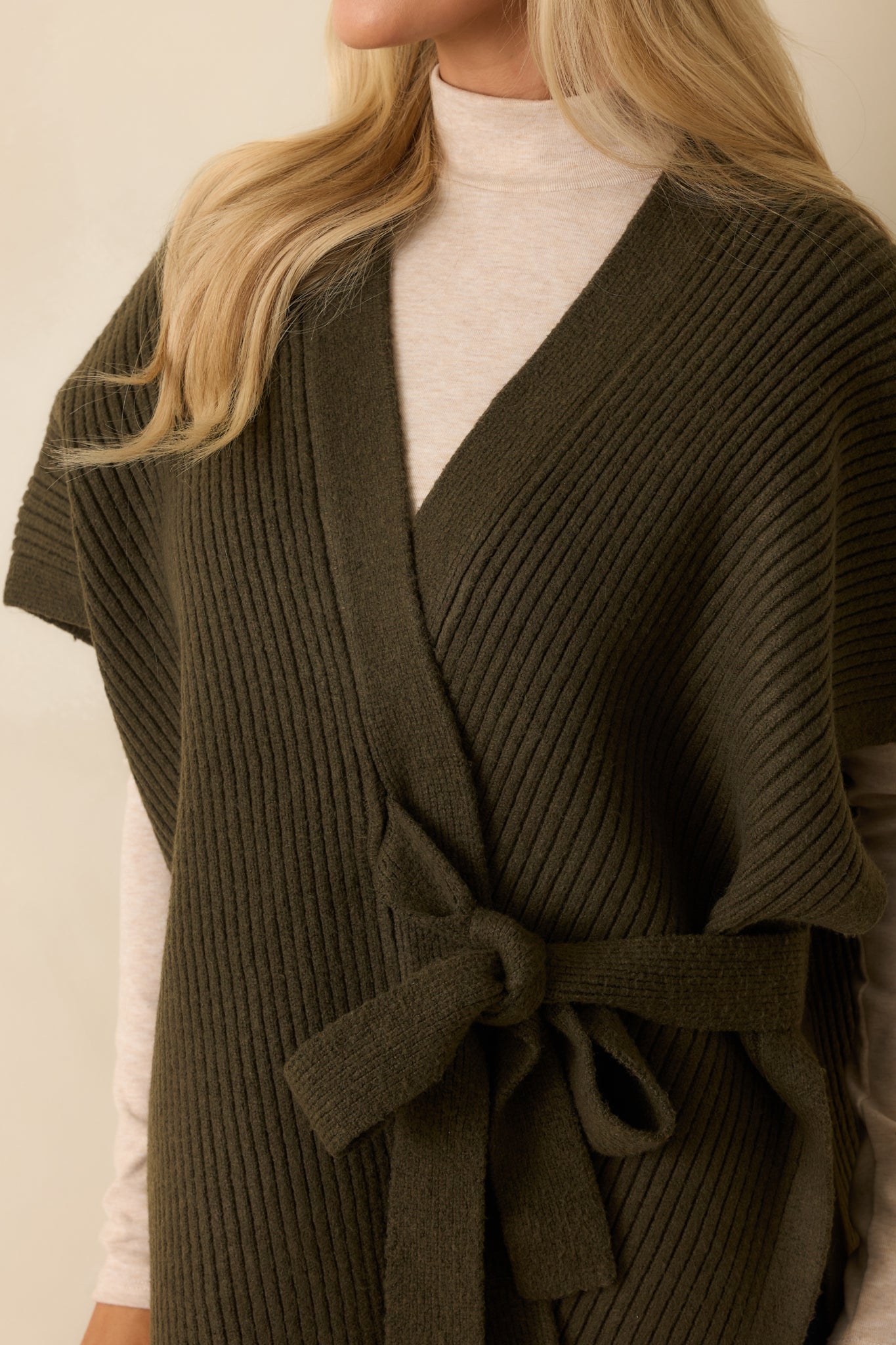 Endless Ease Olive Green Ribbed Knit Wrap Cardigan Sweater