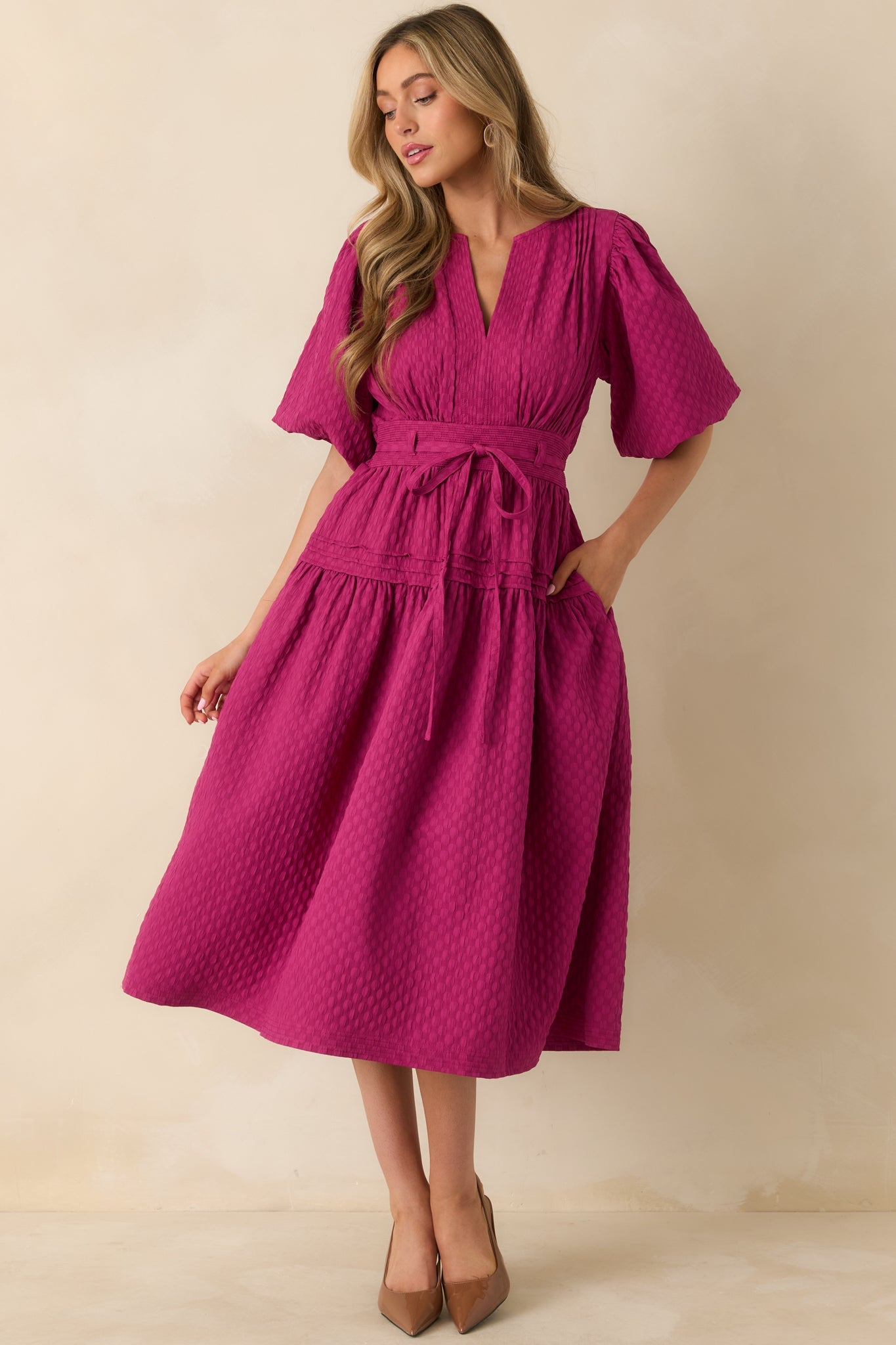 Sweetest Thing Yet Magenta Pink Textured Woven Pleated Midi Dress