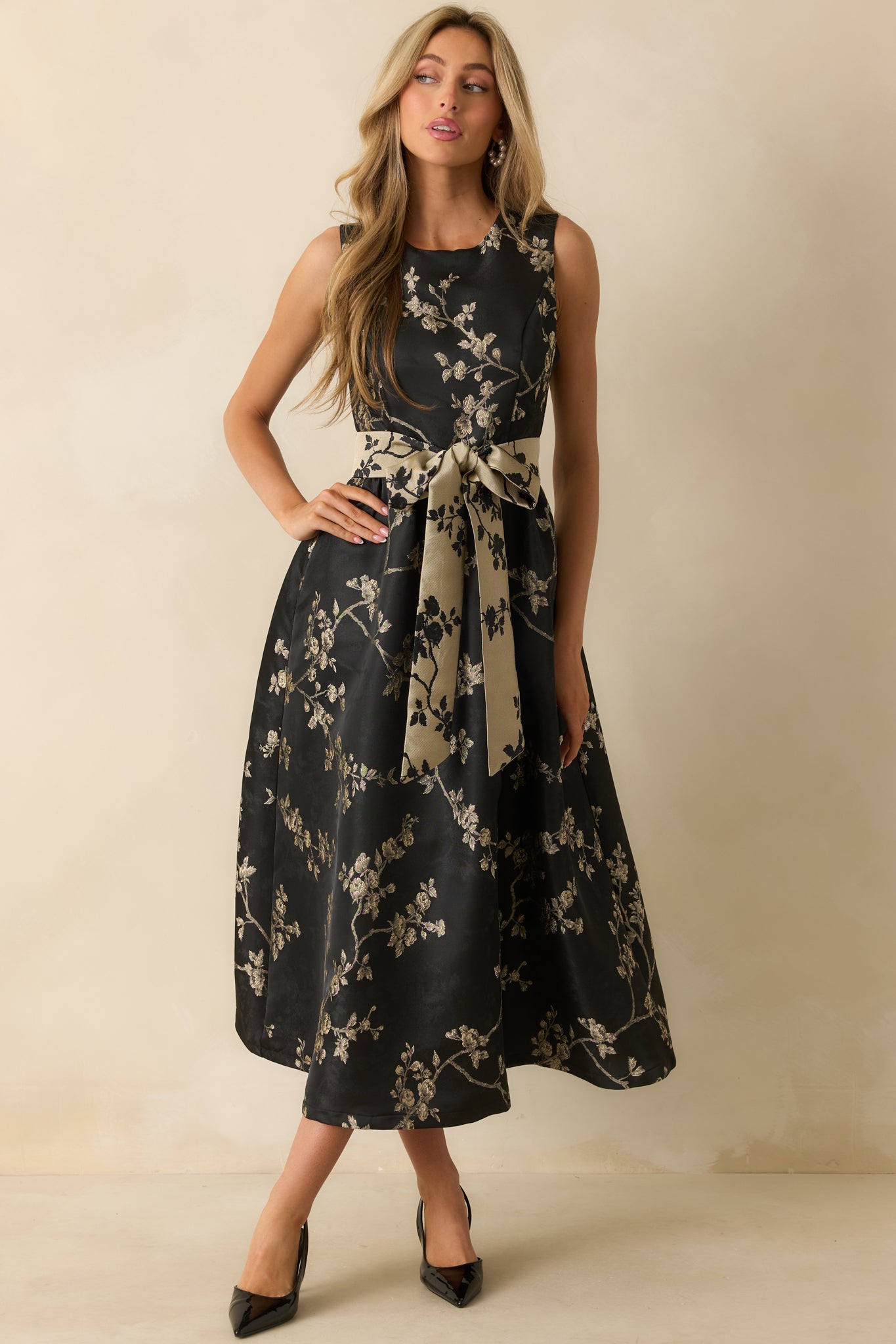 The Way She Blooms Black Floral Jacquard Bow Belt Maxi Dress