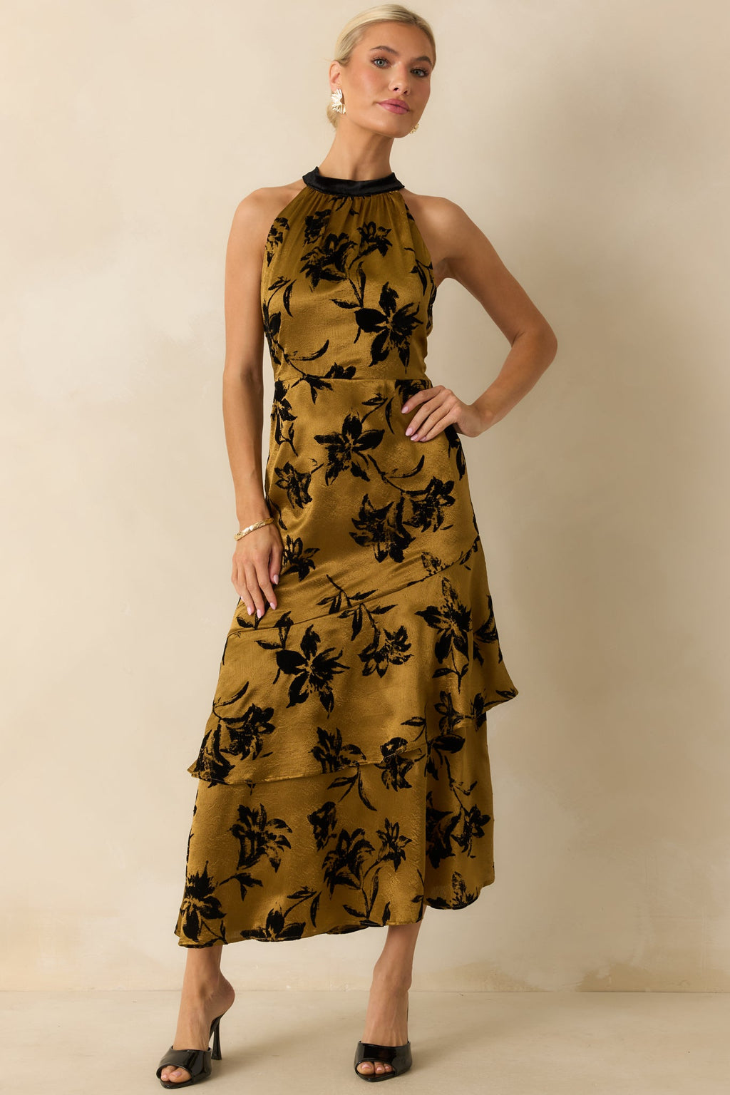Sweet Recollection Dark Gold Floral Satin Maxi Dress
