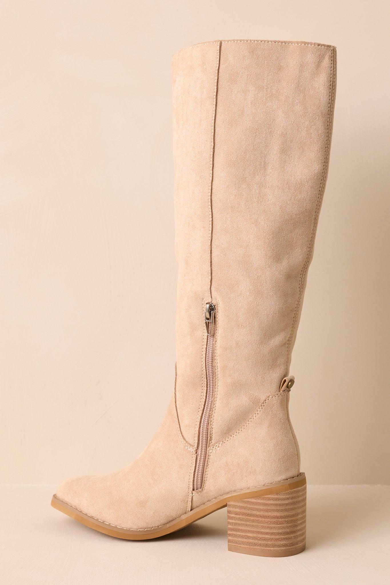For Good Reason Beige Faux Suede Knee High Boots