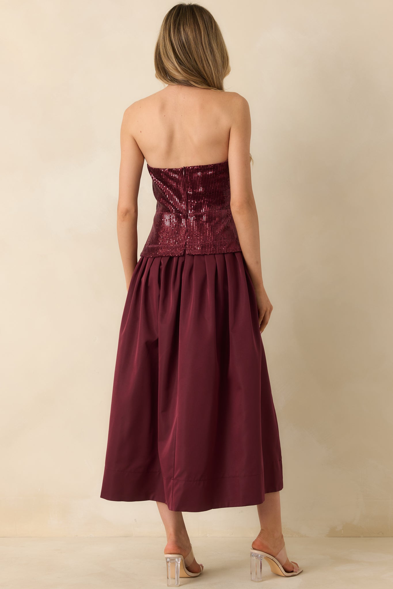 Sips & Sparkles Wine Red Sequin Strapless Midi Dress