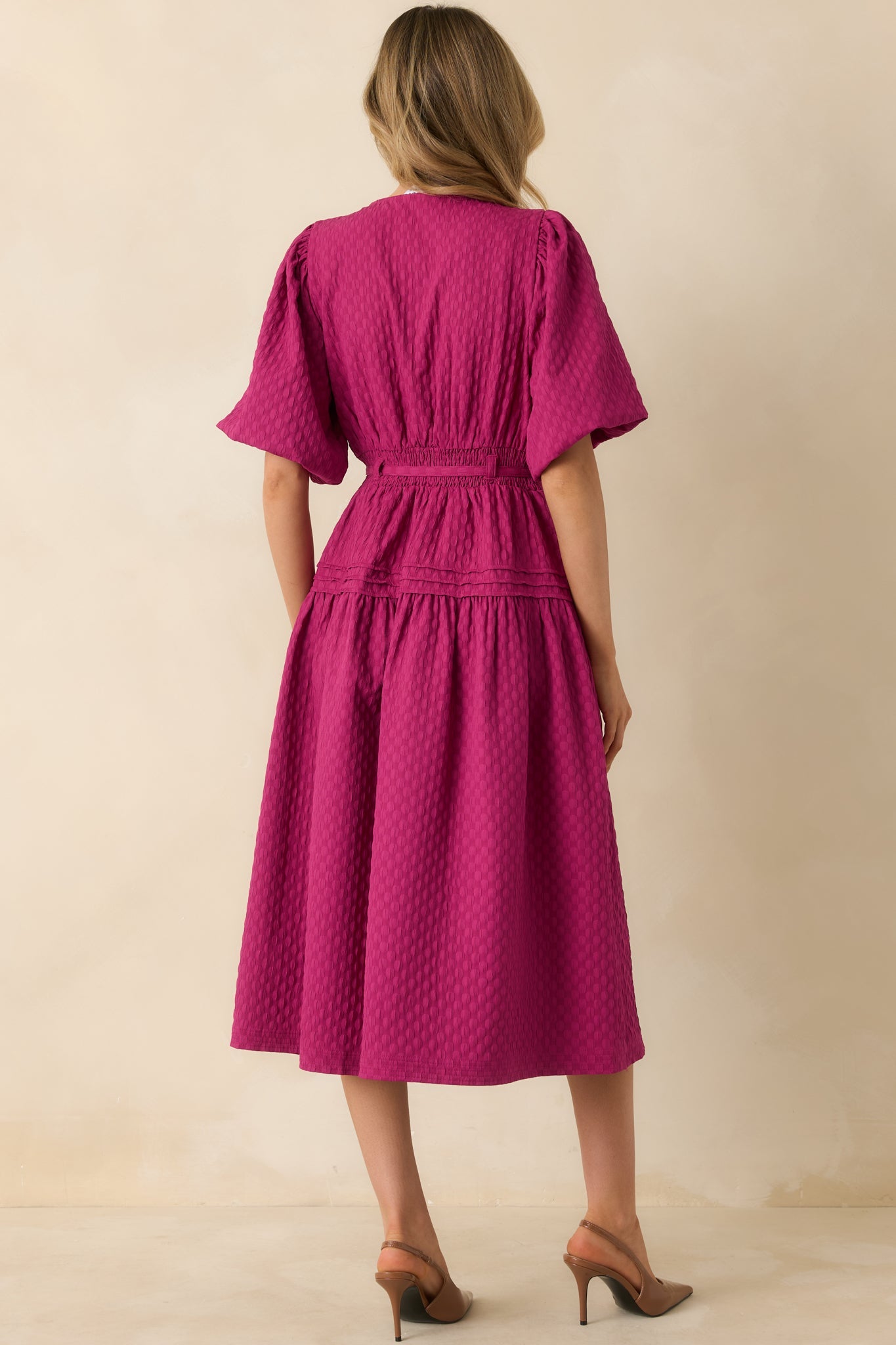 Sweetest Thing Yet Magenta Pink Textured Woven Pleated Midi Dress