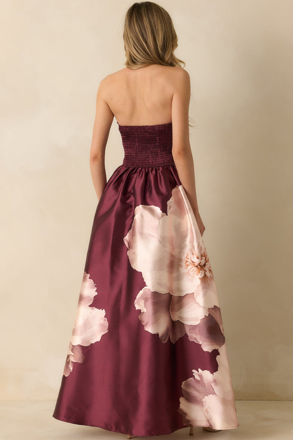 Simply Breathless Burgundy Floral Print Strapless Maxi Dress