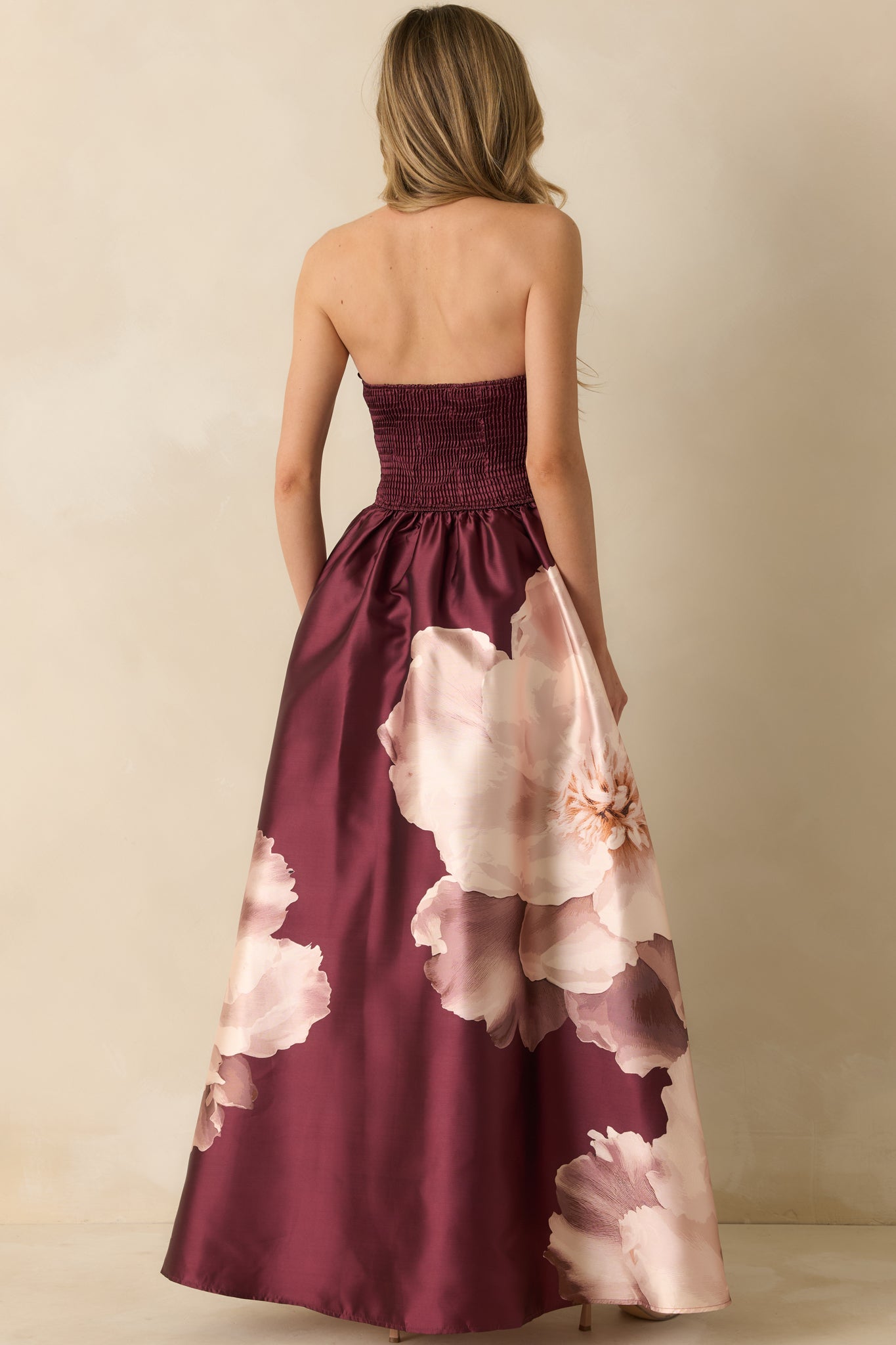 Simply Breathless Burgundy Floral Print Strapless Maxi Dress