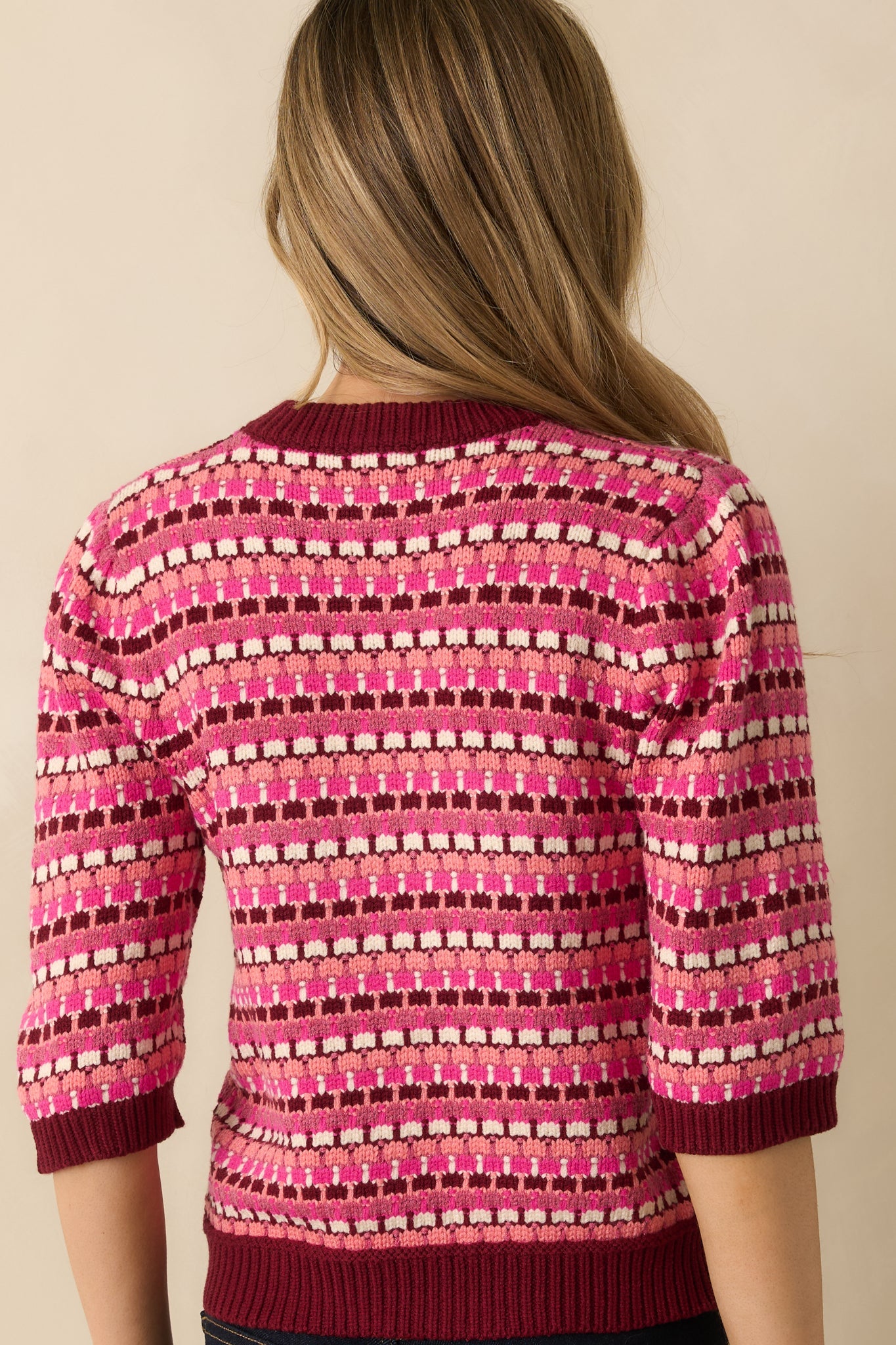 Choosing Cheerful Pink Multi Knit Striped 3/4 Sleeve Sweater