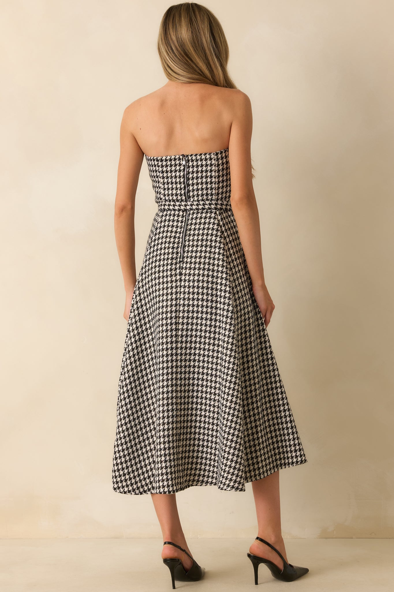Something To Remember Black Houndstooth Belted Bandeau Midi Dress