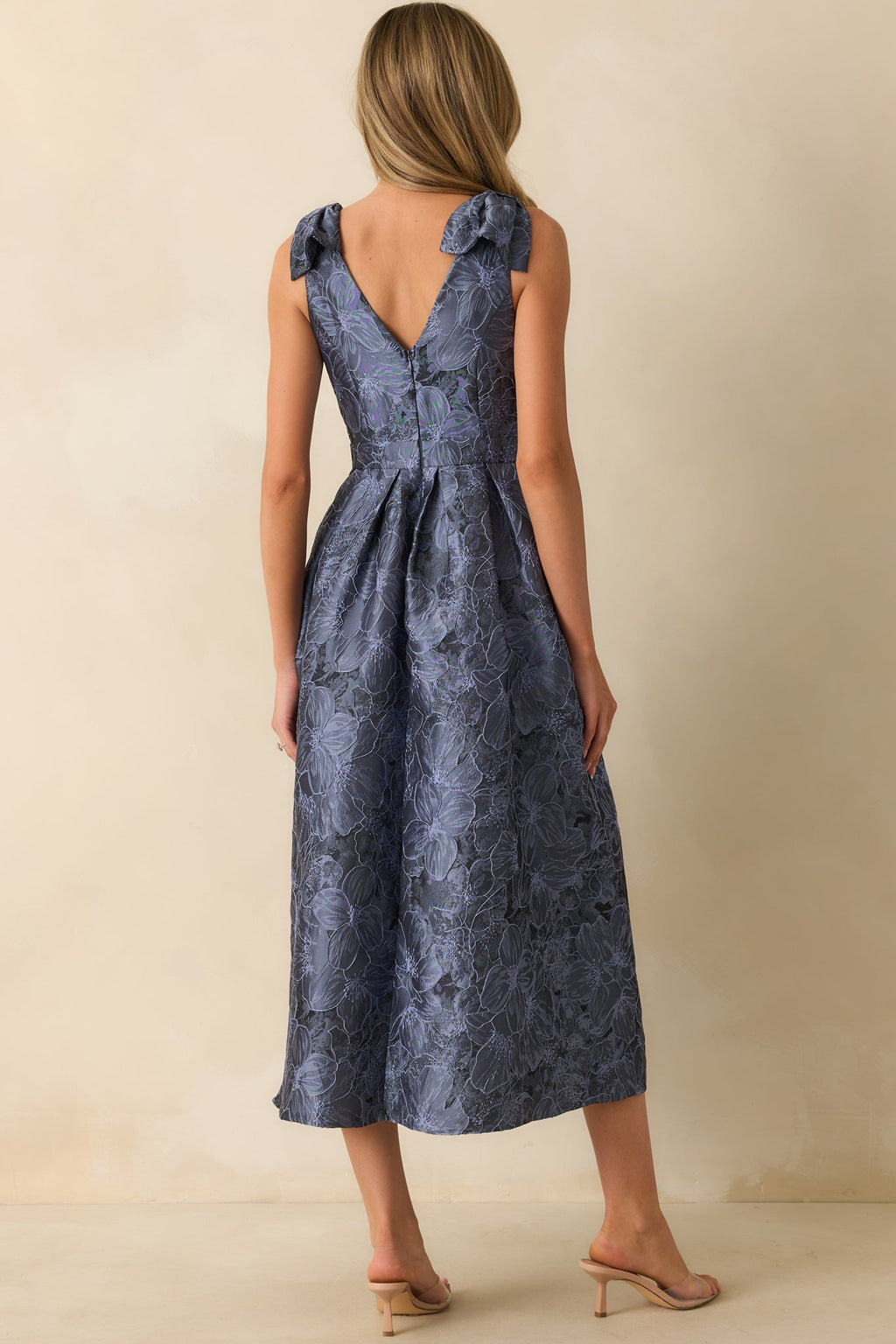 Enchanting Elegance Slate Blue Floral Jacquard Midi Dress