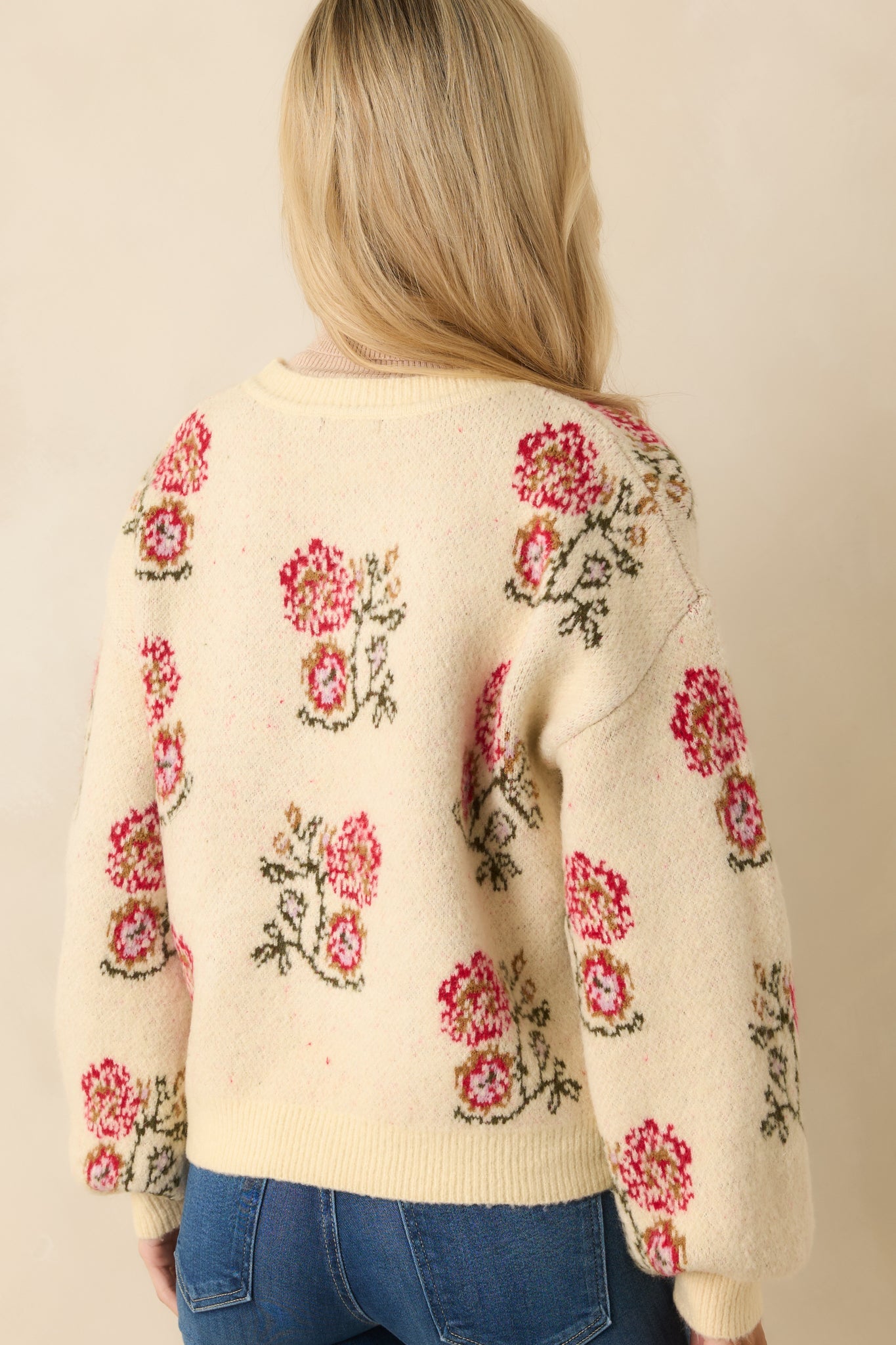 Garden Wishes Ivory Multi Knit Floral Button Up Cardigan Sweater