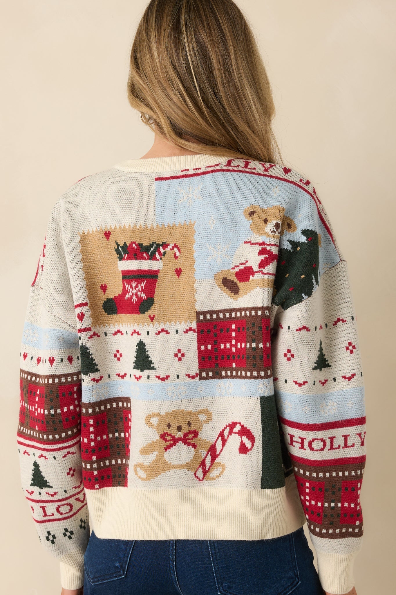 Oh So Merry White Multi Knit Christmas Patchwork Print Sweater