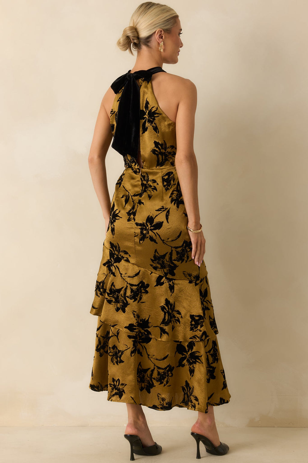 Sweet Recollection Dark Gold Floral Satin Maxi Dress