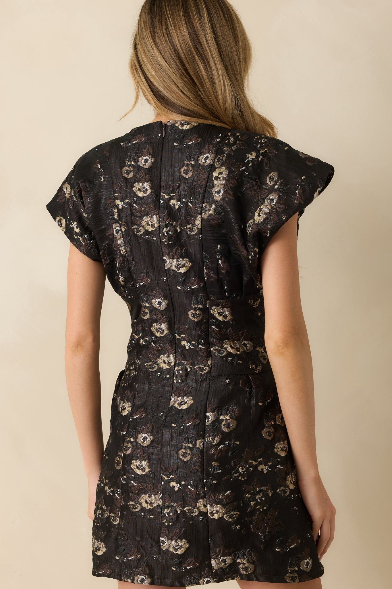 Evening Garden Soirée Black Metallic Floral Jacquard Mini Dress