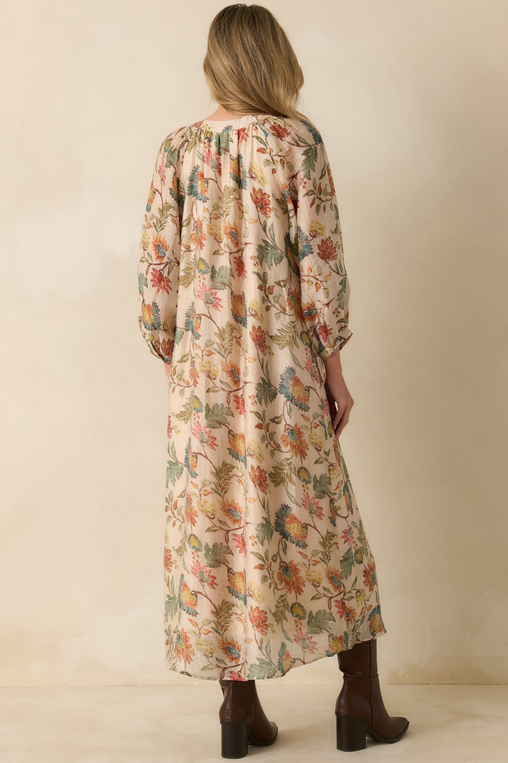 Among the Wildflowers Beige Multi Floral Print Long Sleeve Maxi Dress