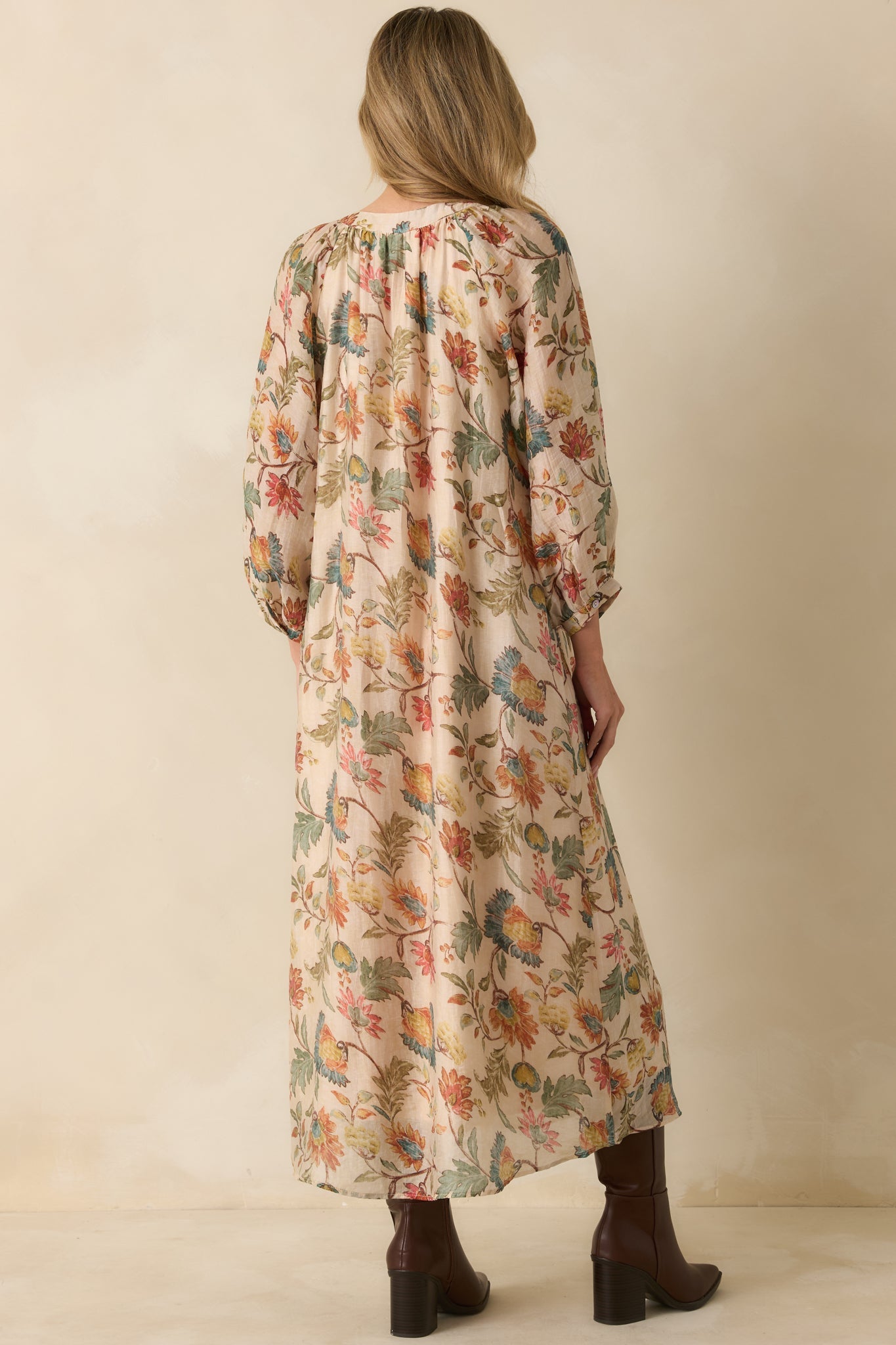 Among the Wildflowers Beige Multi Floral Print Long Sleeve Maxi Dress
