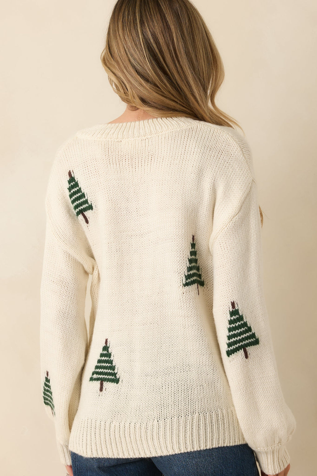 Pining For Cozy Ivory Knit Pine Tree V-Neck Sweater