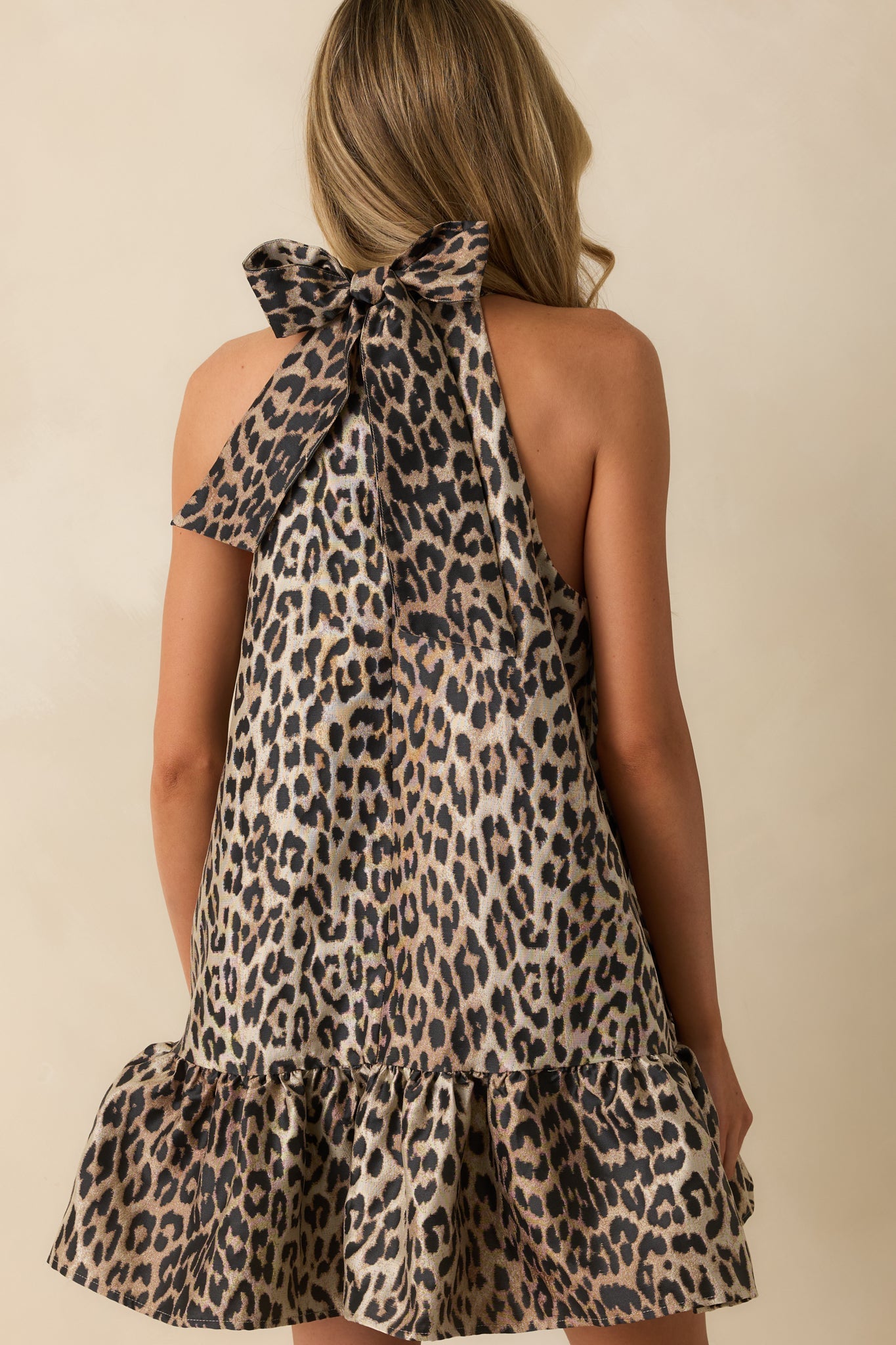 No Doubt About That Tan Leopard Print Jacquard Halter Mini Dress