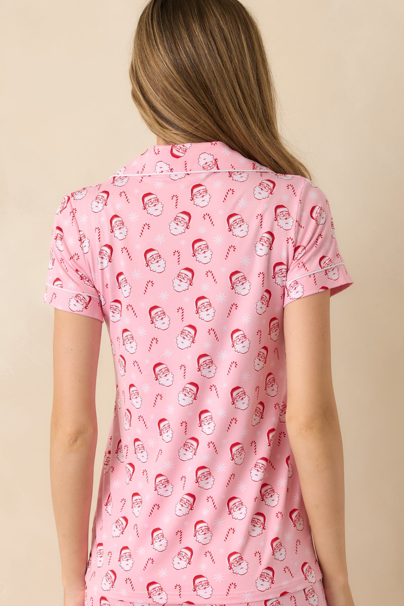 Jolly Little Thing Light Pink Multi Santa Short Sleeve Button Up Pajama Top