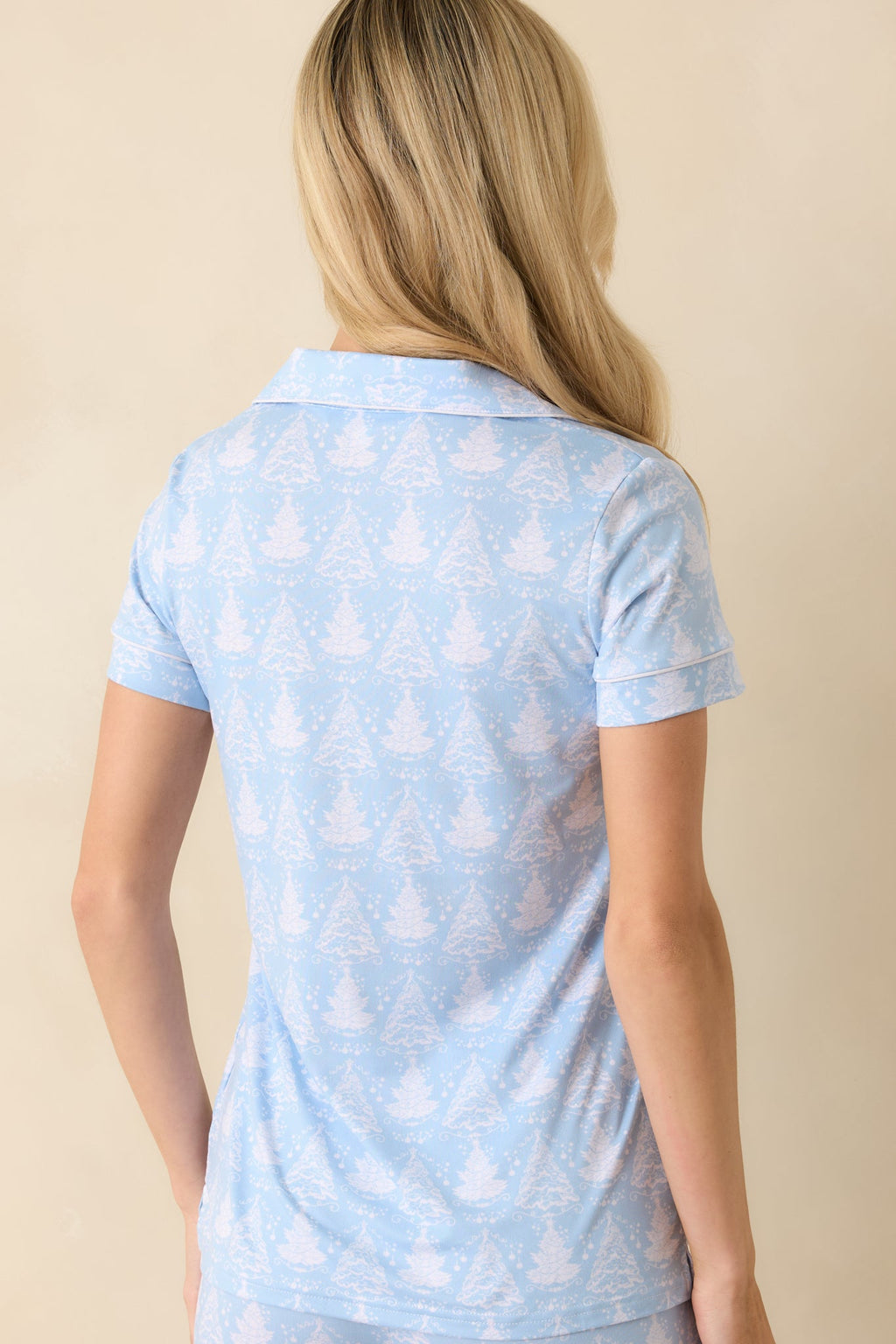 Blue Christmas Ice Blue Christmas Tree Short Sleeve Button Up Pajama Top