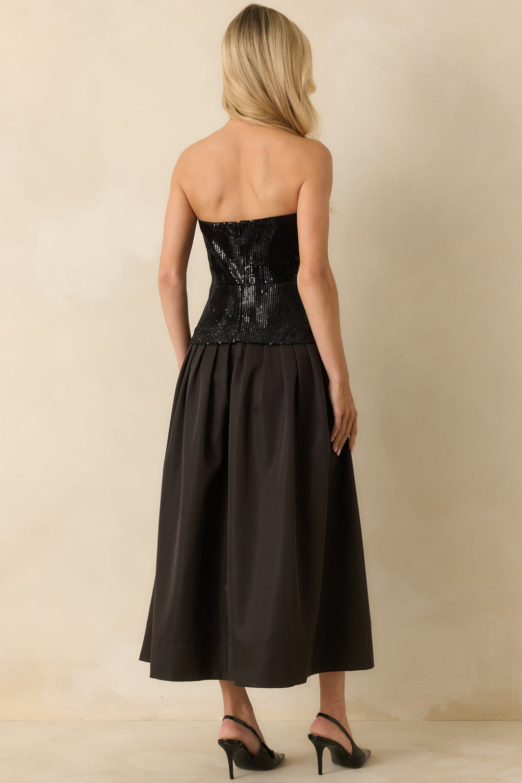 Sips & Sparkles Black Sequin Strapless Midi Dress