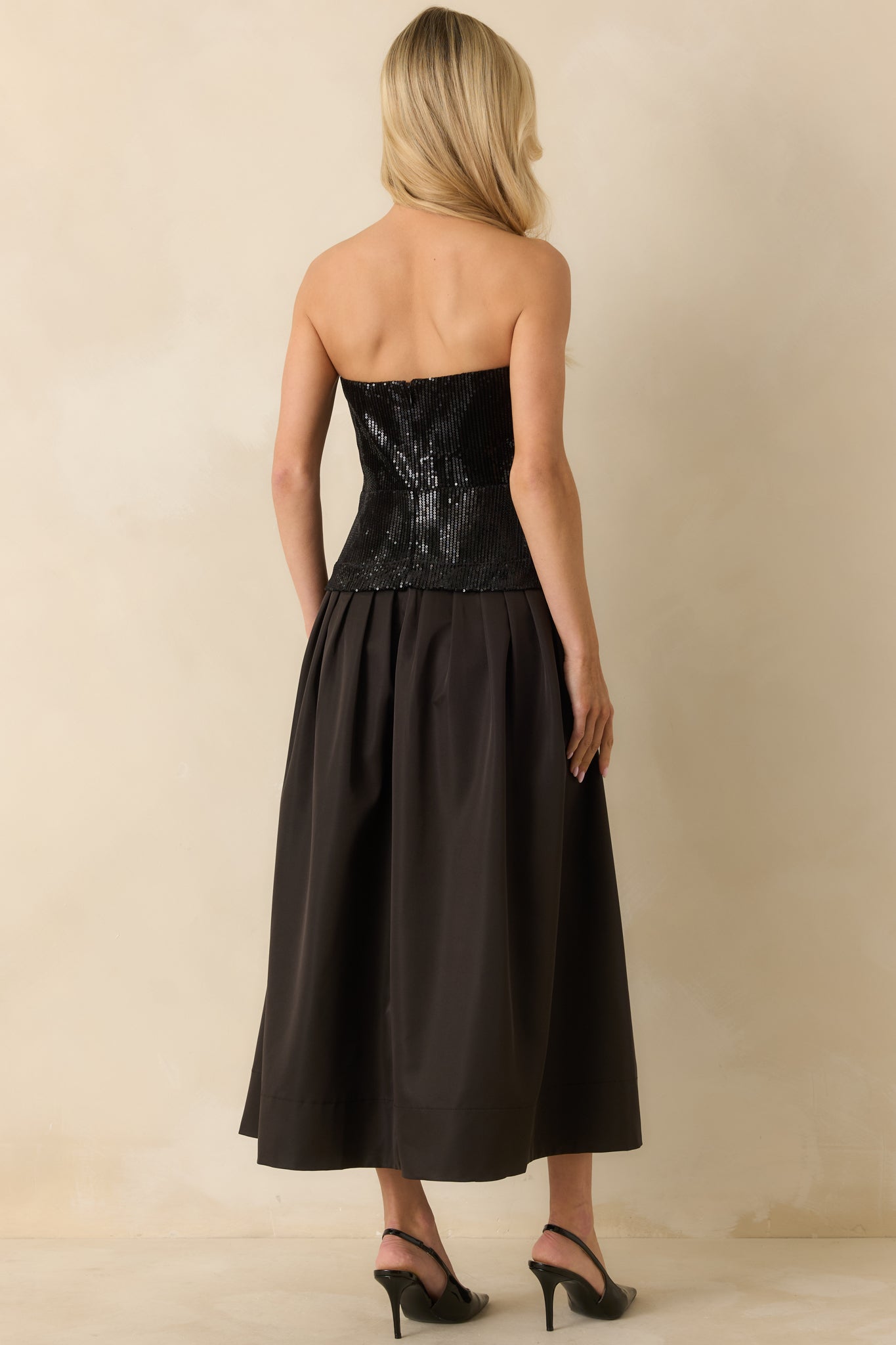 Sips & Sparkles Black Sequin Strapless Midi Dress