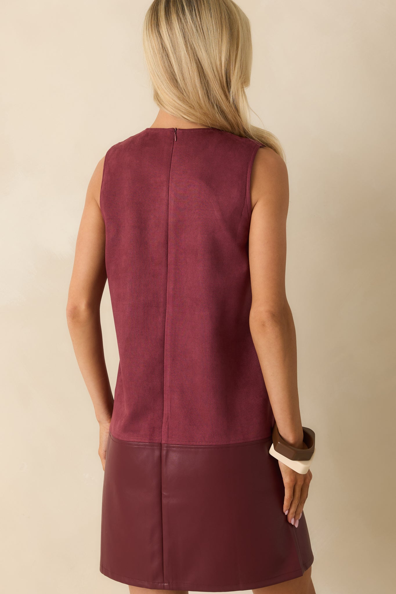 Chic Contrast Wine Red Faux Suede & Leather Sleeveless Shift Dress