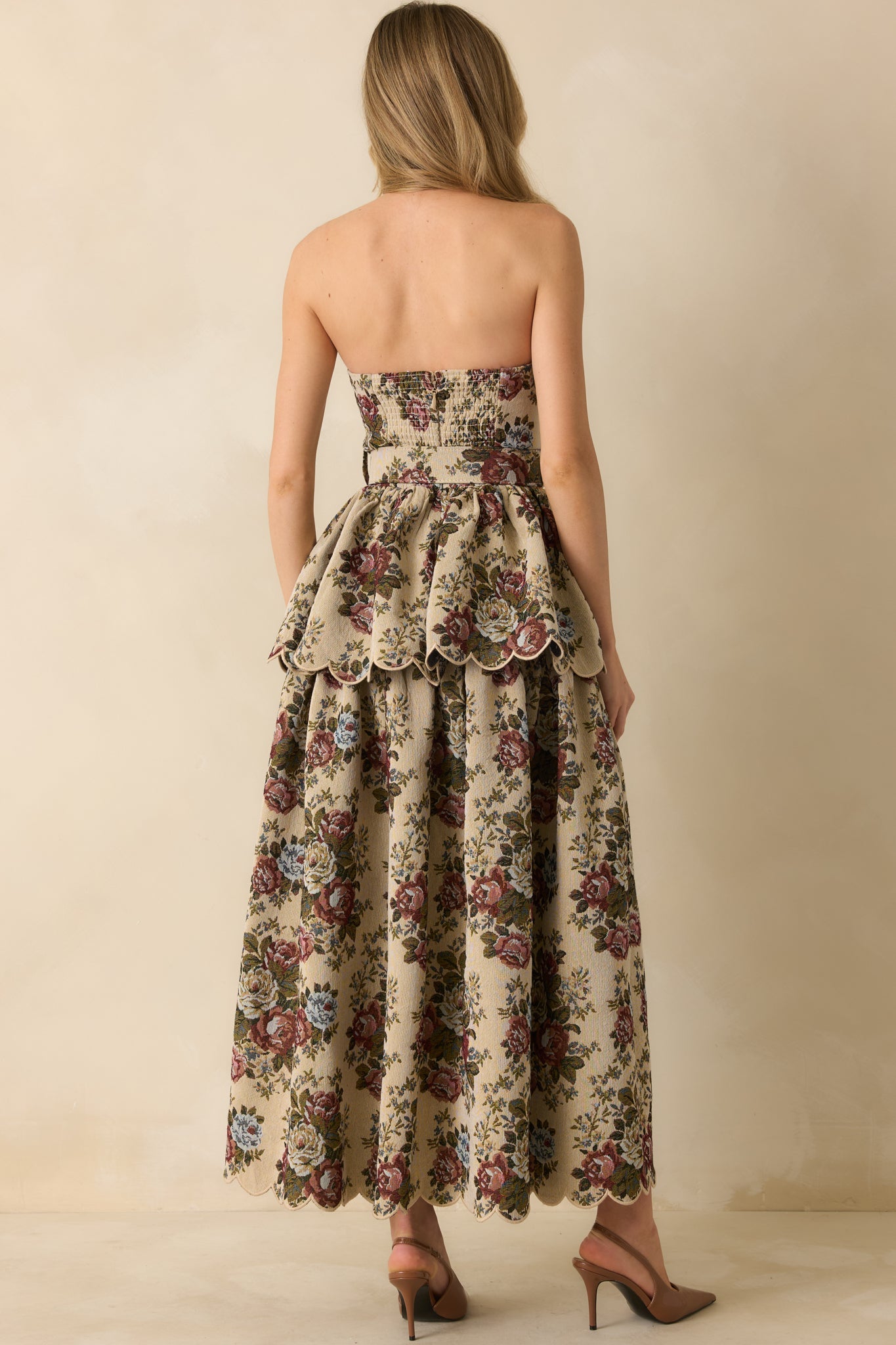 Graceful Charm Beige Multi Floral Tapestry Strapless Midi Dress