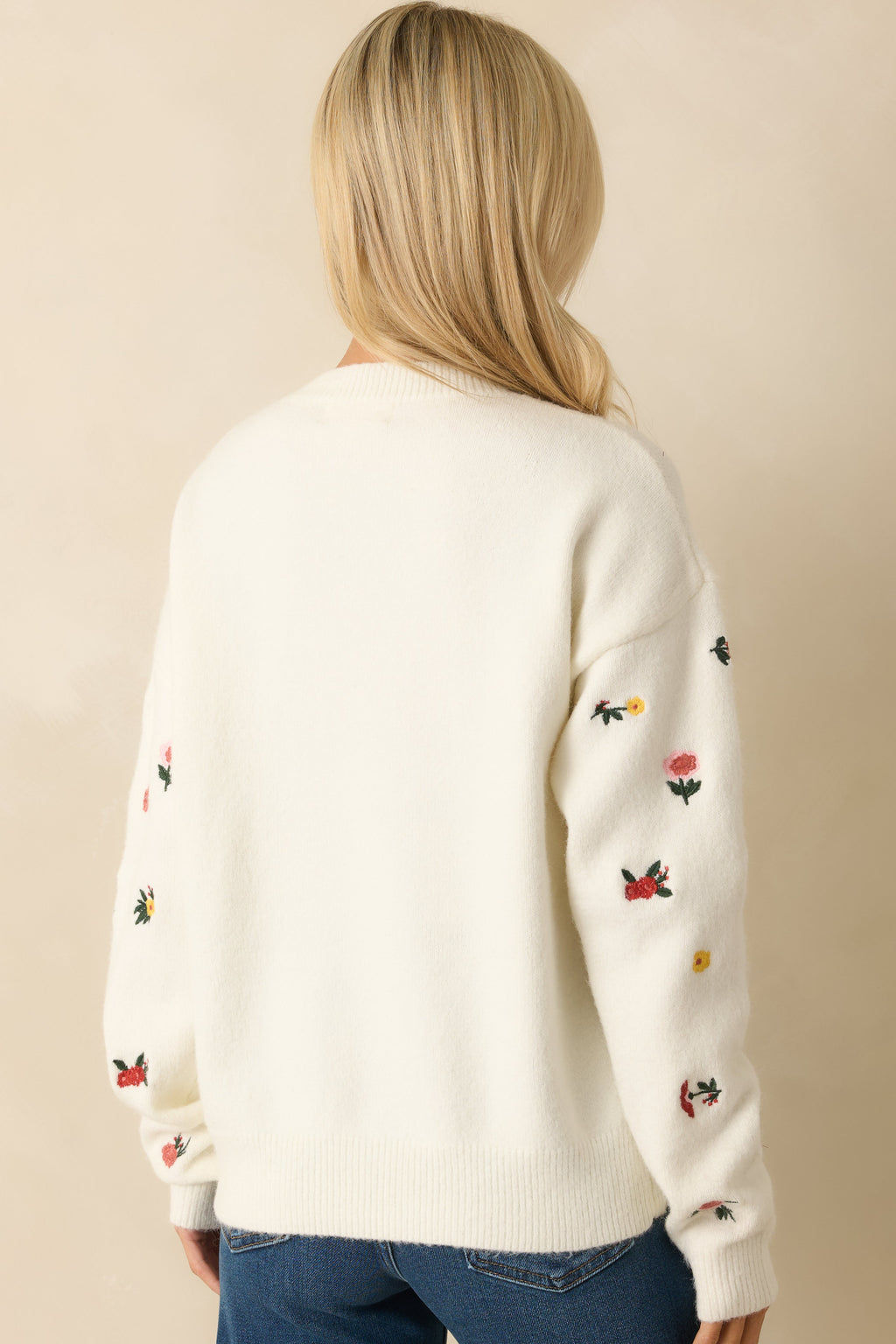 Naturally Yours White Multi Floral Embroidered Knit Sweater