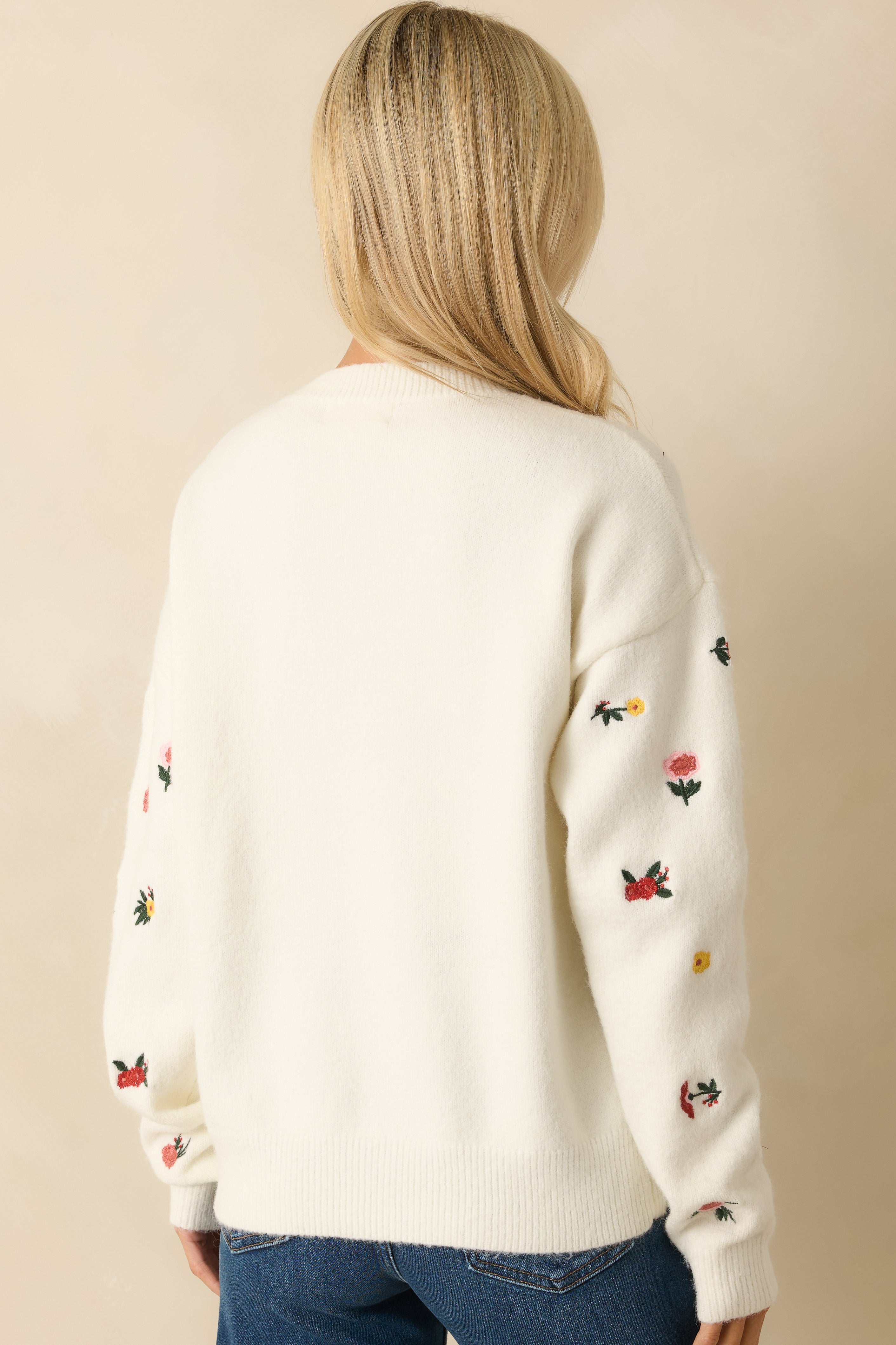 Naturally Yours White Multi Floral Embroidered Knit Sweater