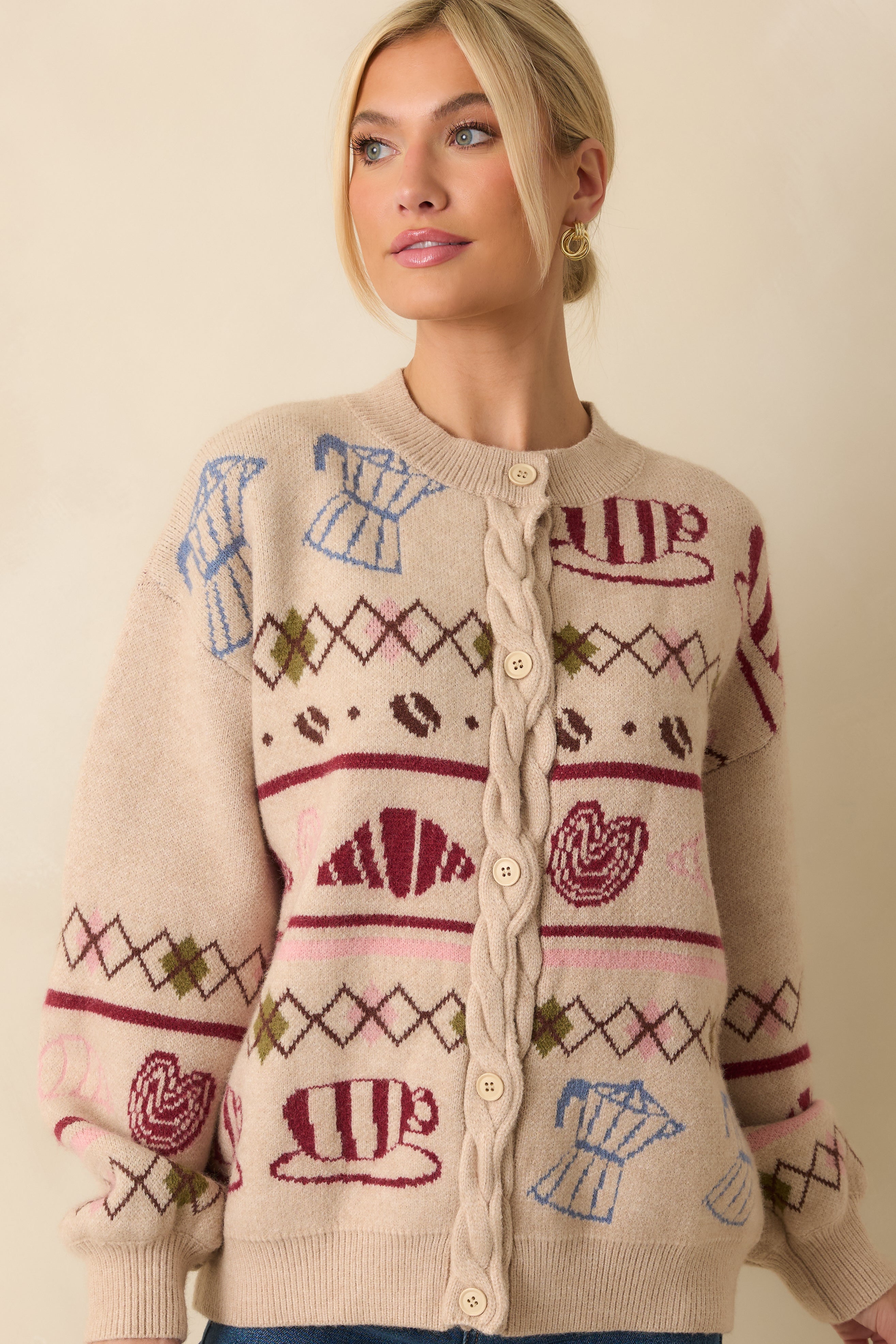 Morning Brew Beige Multi Coffee & Pastry Knit Button Up Cardigan