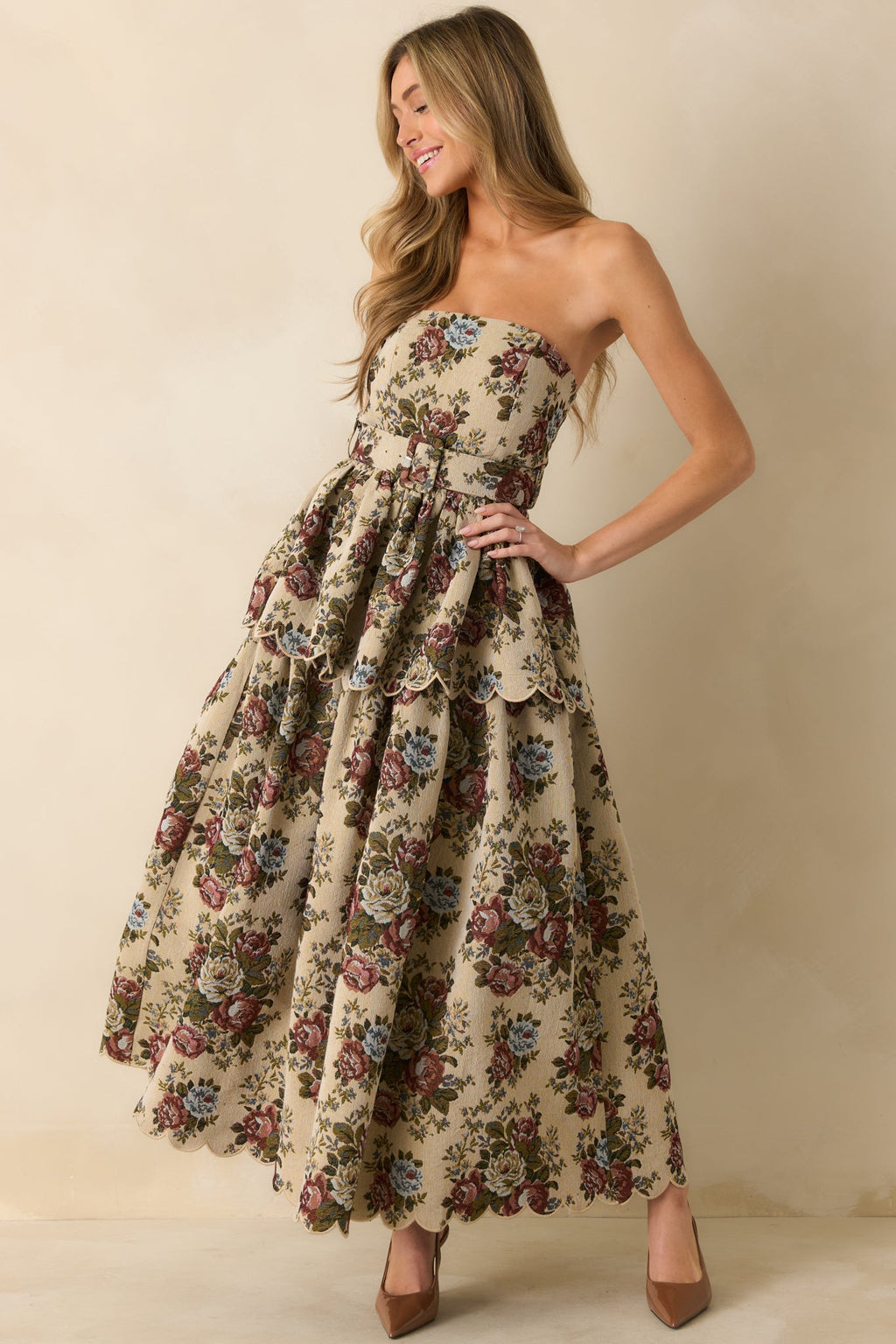 Graceful Charm Beige Multi Floral Tapestry Strapless Midi Dress