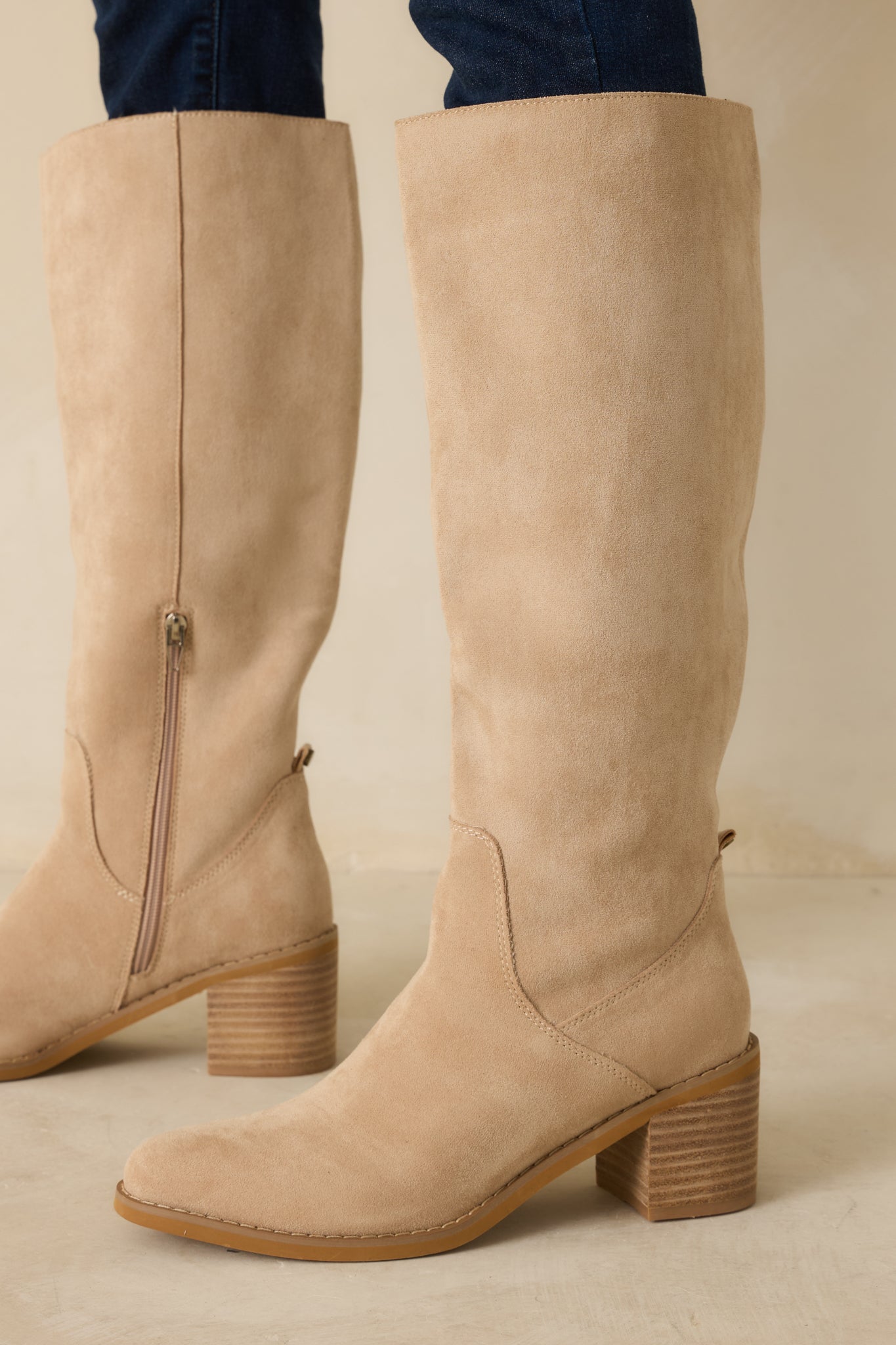 For Good Reason Beige Faux Suede Knee High Boots