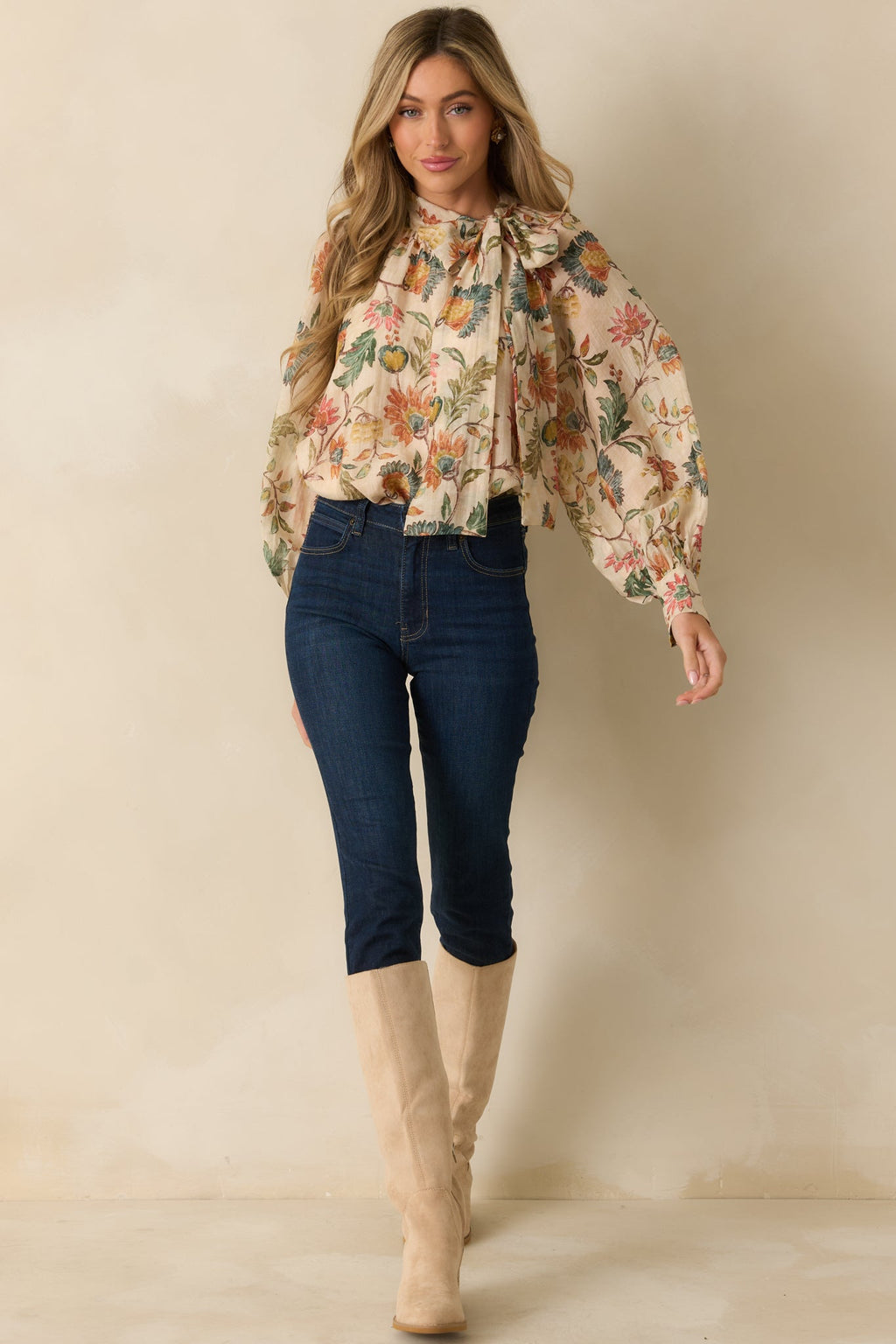 Fields of Grace Beige Multi Floral Print Cotton Bow Blouse