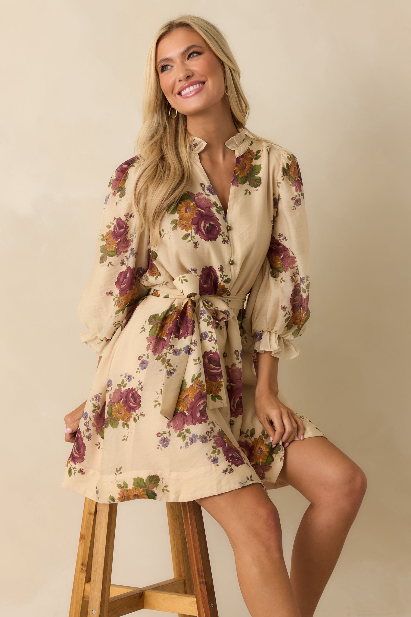 Rustic Romance Beige Multi Floral Print Belted Mini Dress