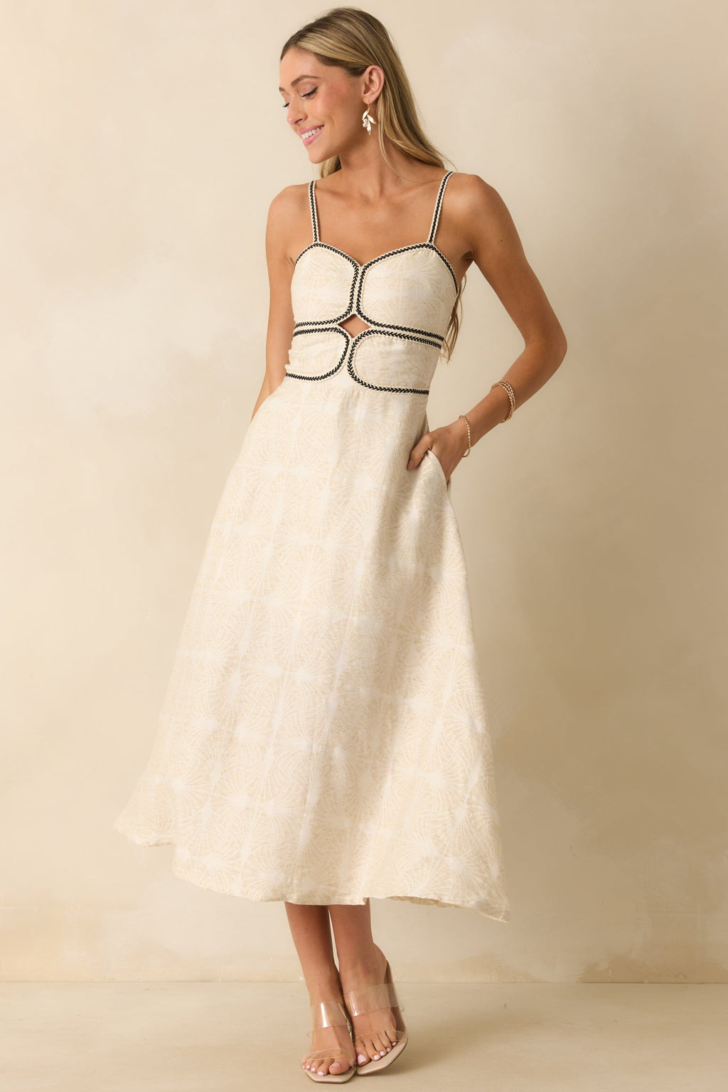 Right On Cue Light Beige Cotton Contrast Trim Sleeveless Maxi Dress