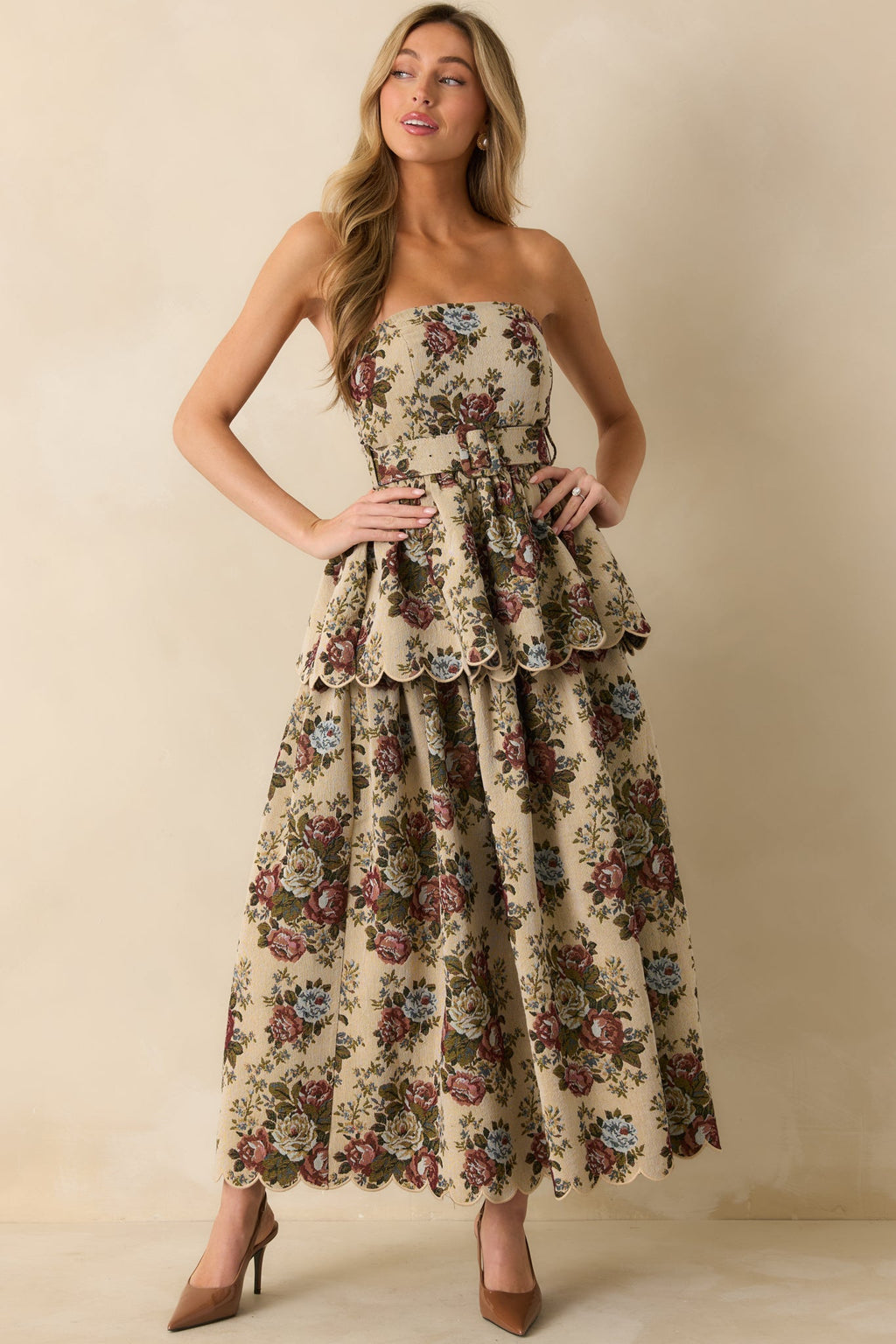 Graceful Charm Beige Multi Floral Tapestry Strapless Midi Dress