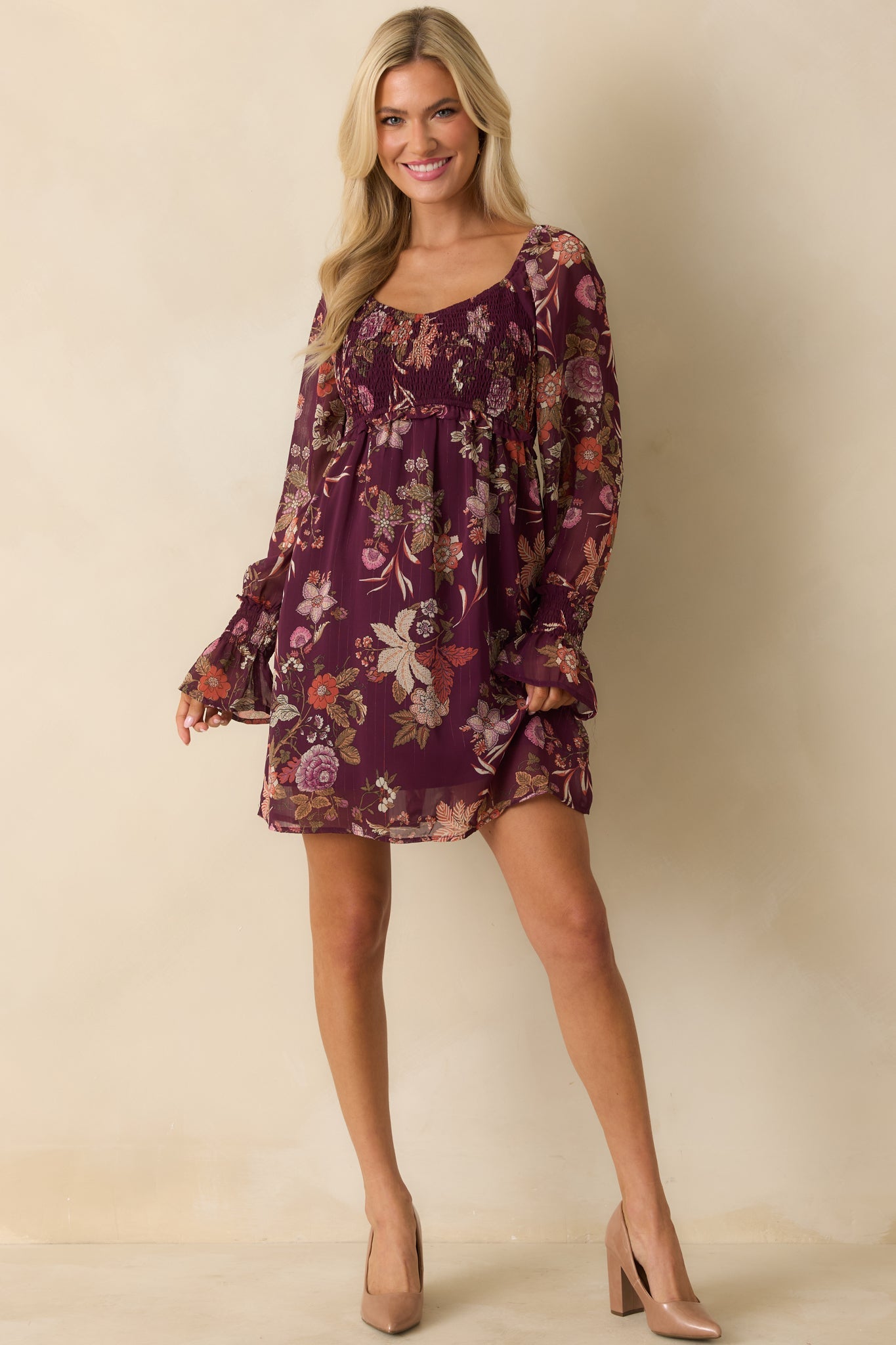 Flutter Away Berry Purple Multi Floral Print Mini Dress