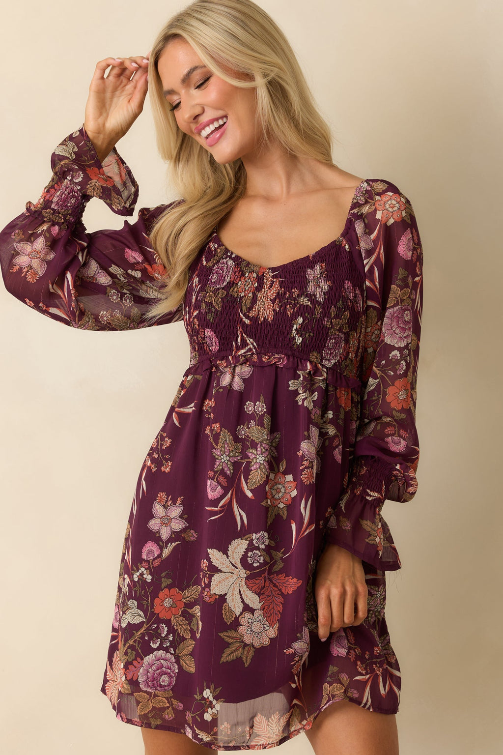 Flutter Away Berry Purple Multi Floral Print Mini Dress