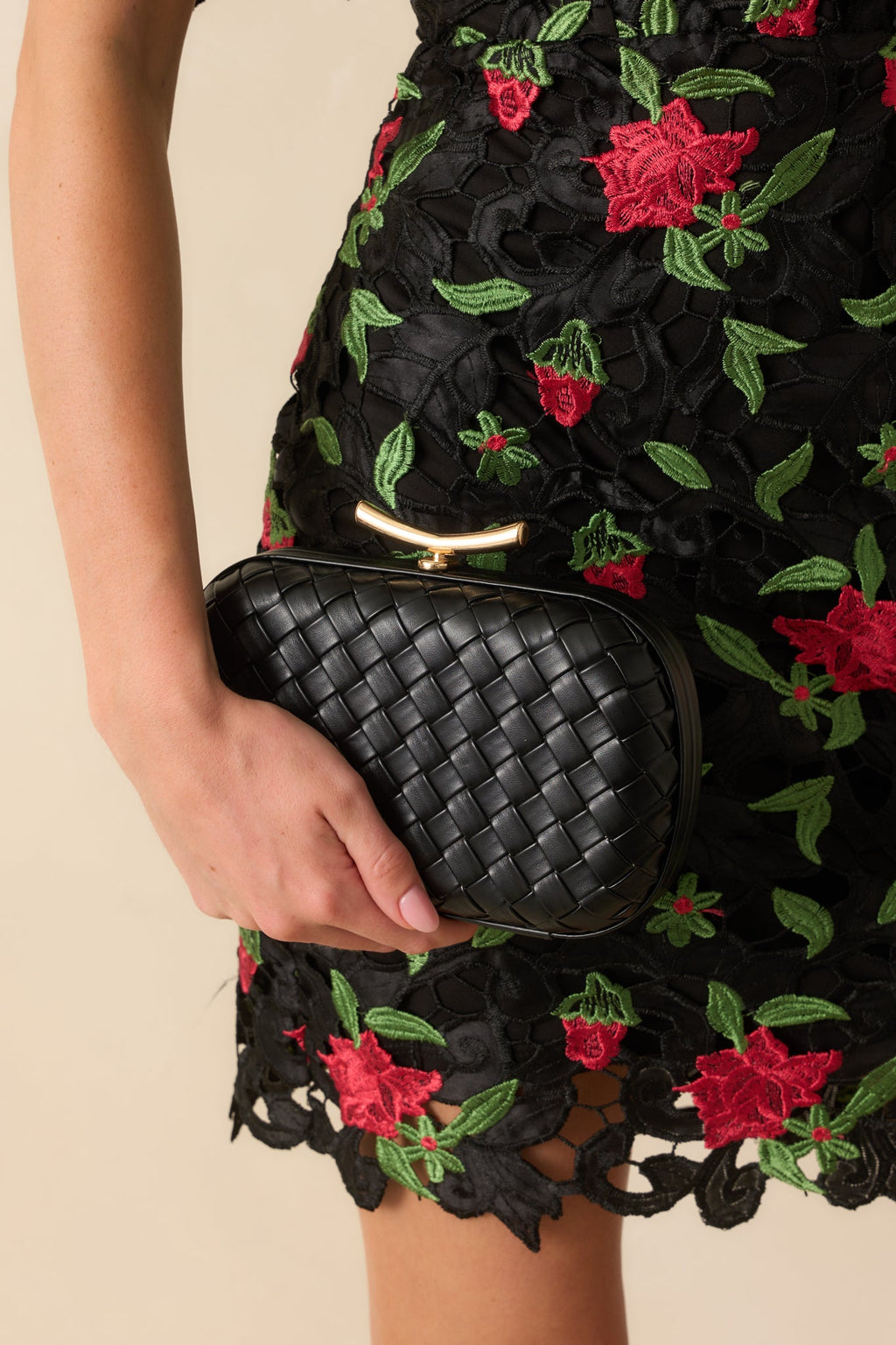 For Certain Black Woven Faux Leather Clutch Handbag