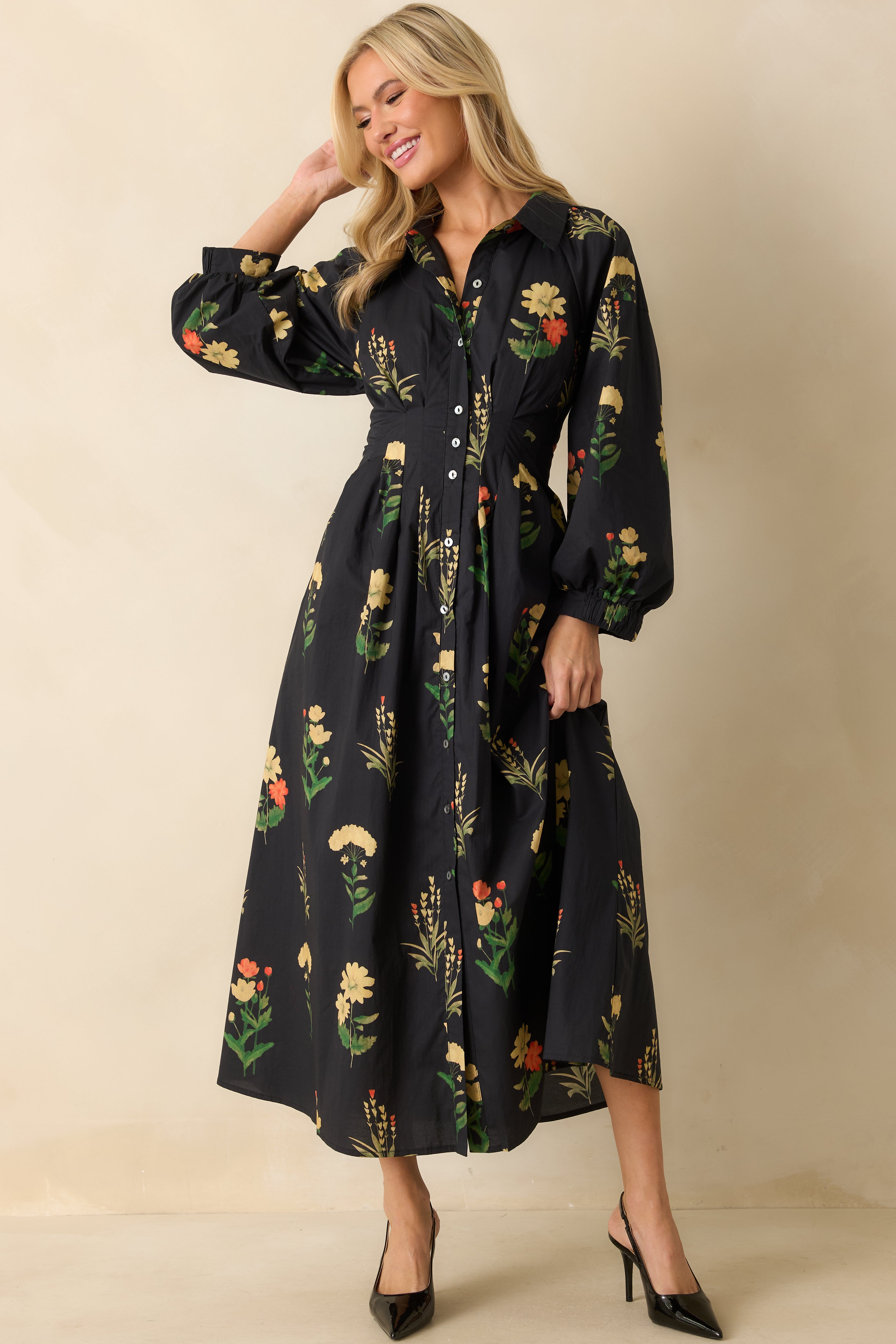 Endlessly Charmed Black Multi Floral Print Cotton Button Front Maxi Dress