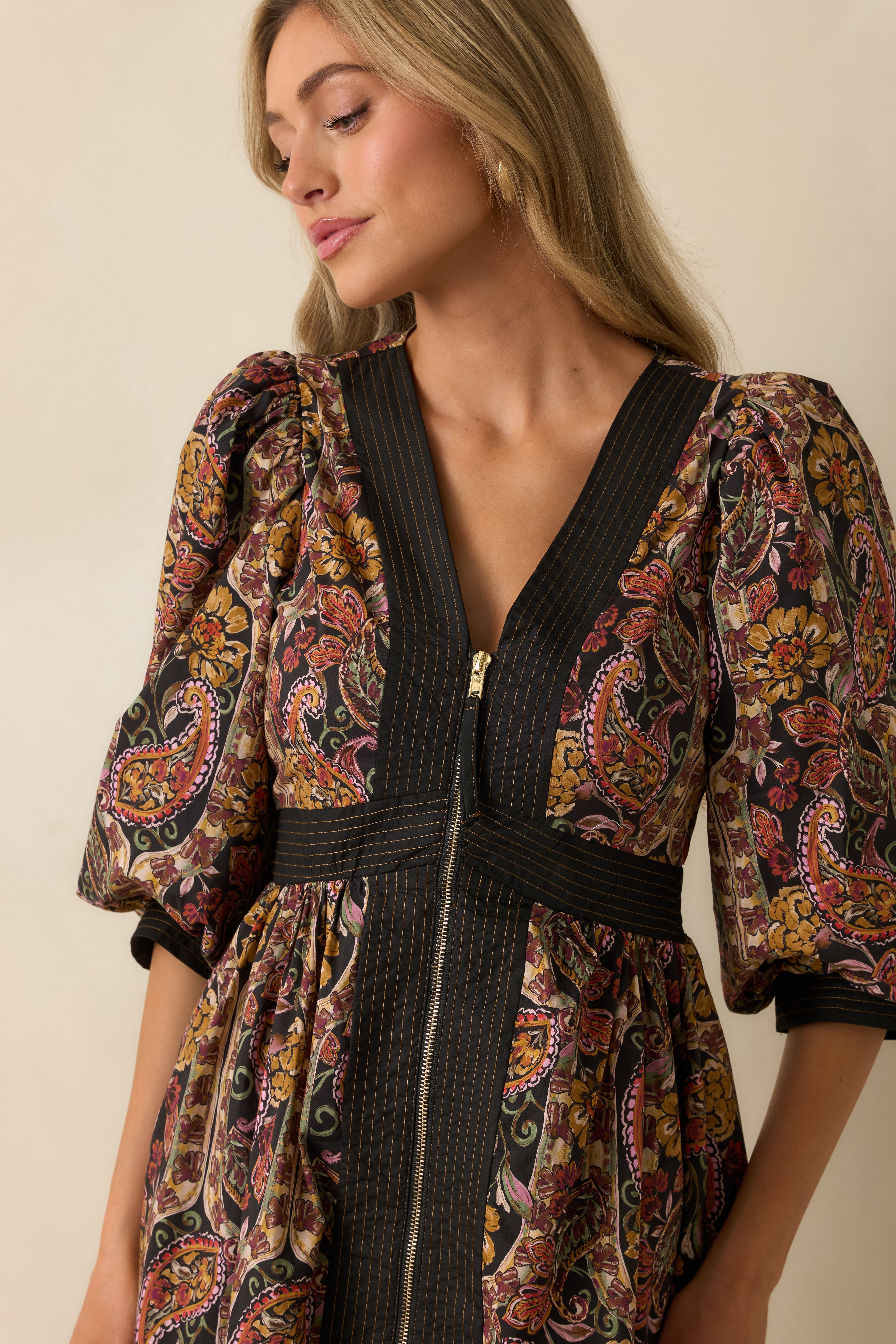 Garden at Dusk Black Multi Floral Paisley Print Cotton Zip Up Maxi Dress