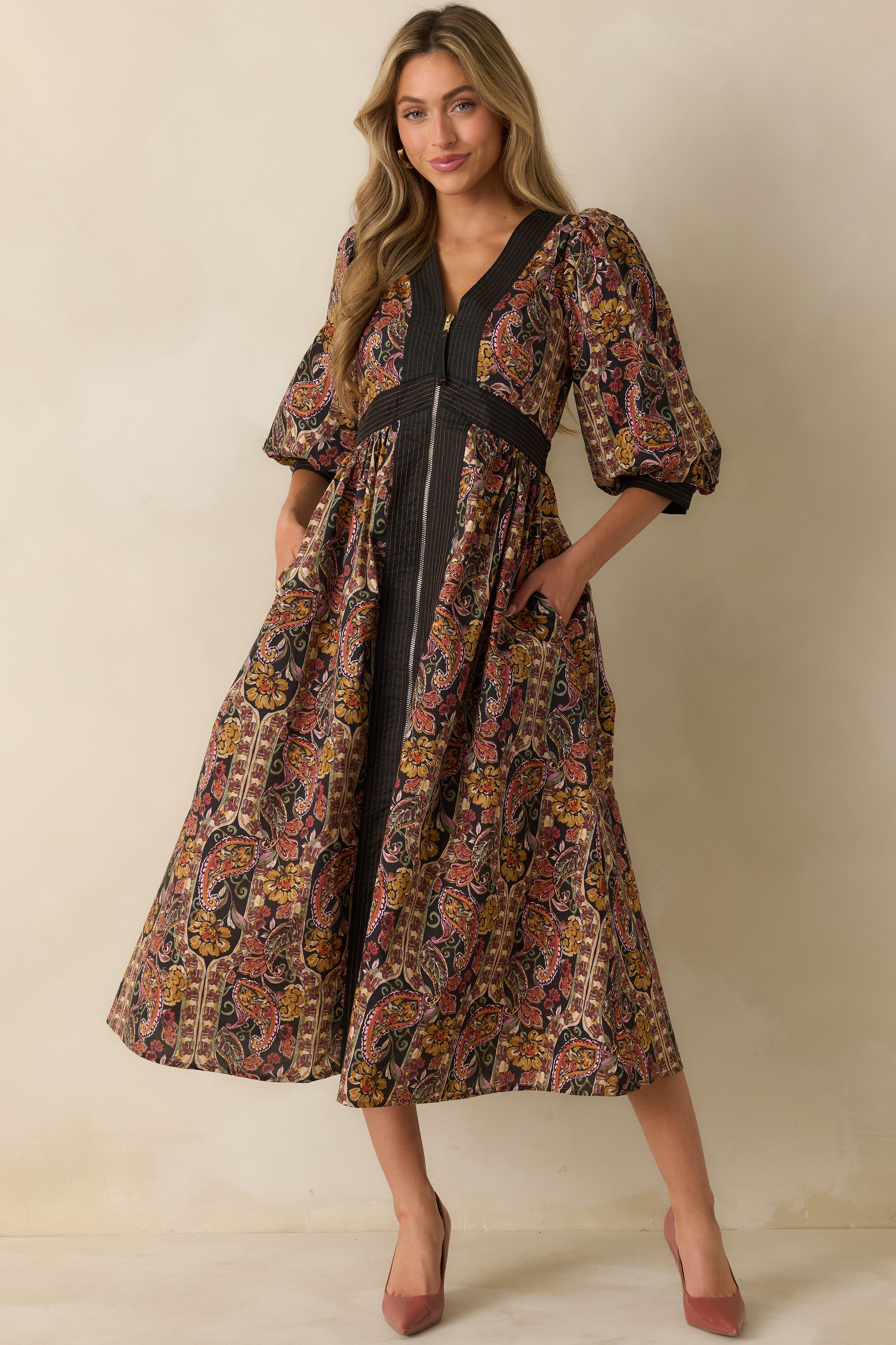 Garden at Dusk Black Multi Floral Paisley Print Cotton Zip Up Maxi Dress