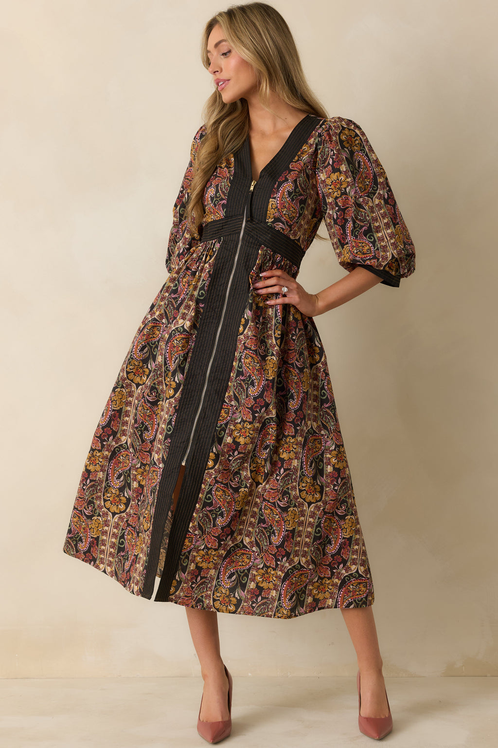 Garden at Dusk Black Multi Floral Paisley Print Cotton Zip Up Maxi Dress