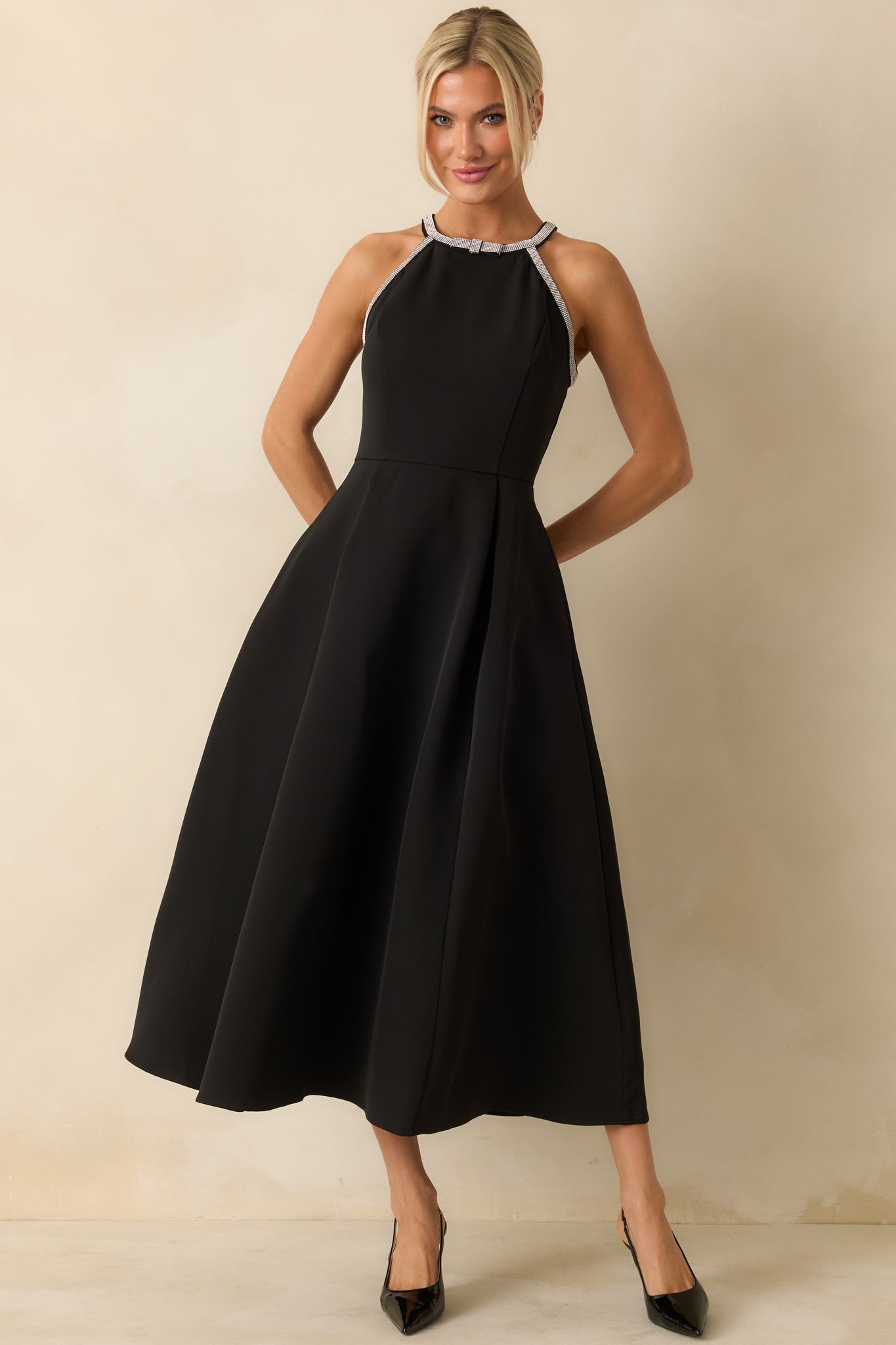 Edge of Glam Black Rhinestone Trim Midi Dress