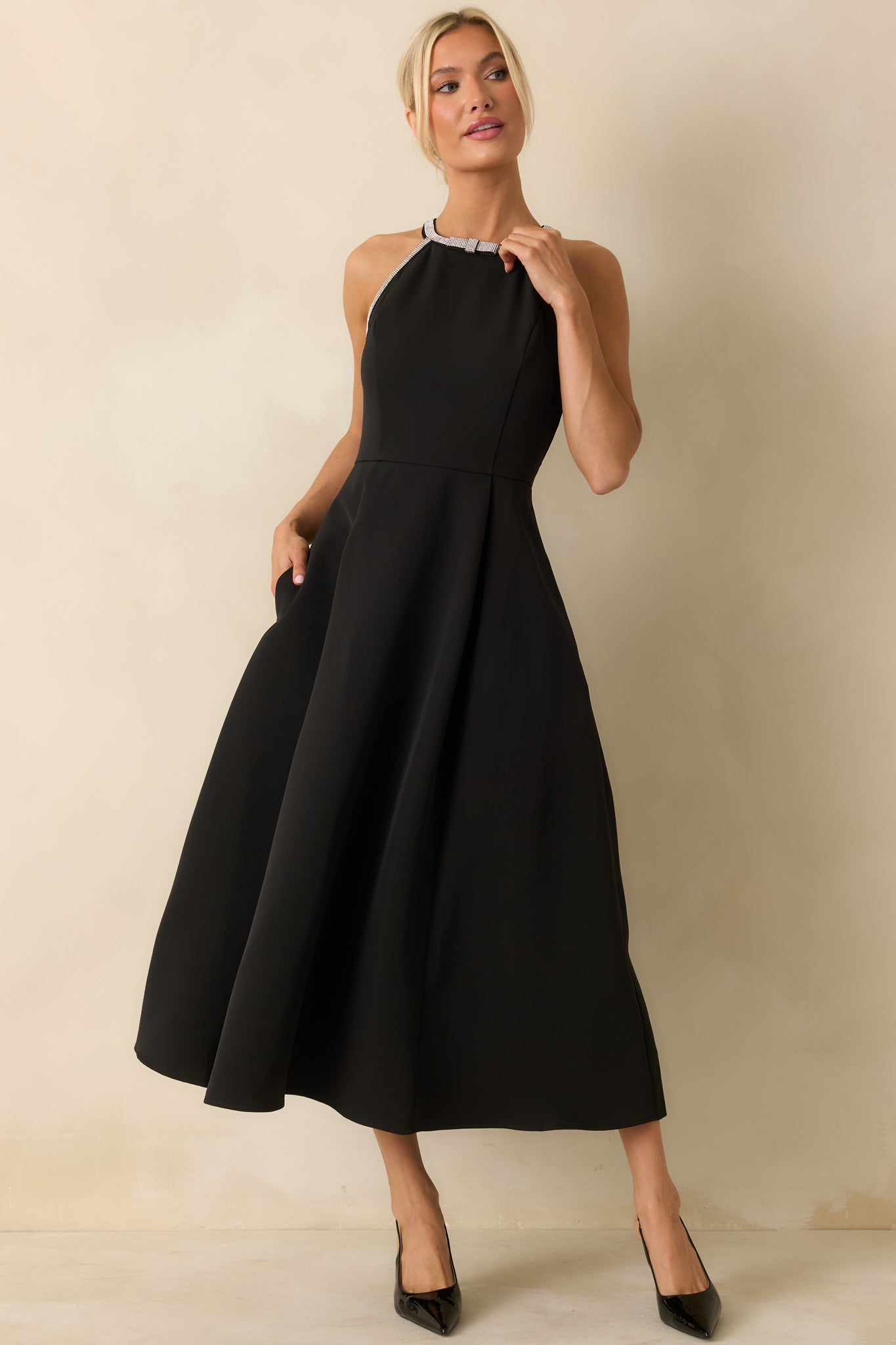 Edge of Glam Black Rhinestone Trim Midi Dress