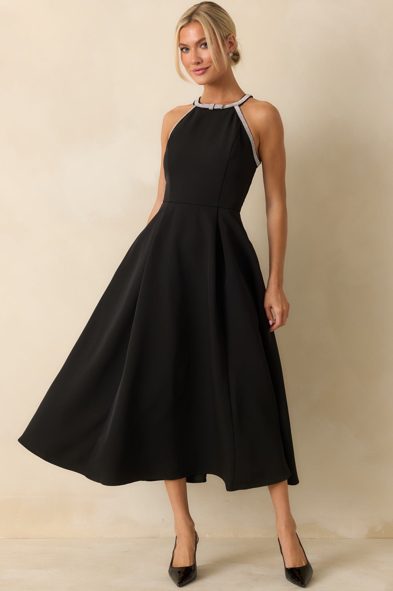 Edge of Glam Black Rhinestone Trim Midi Dress